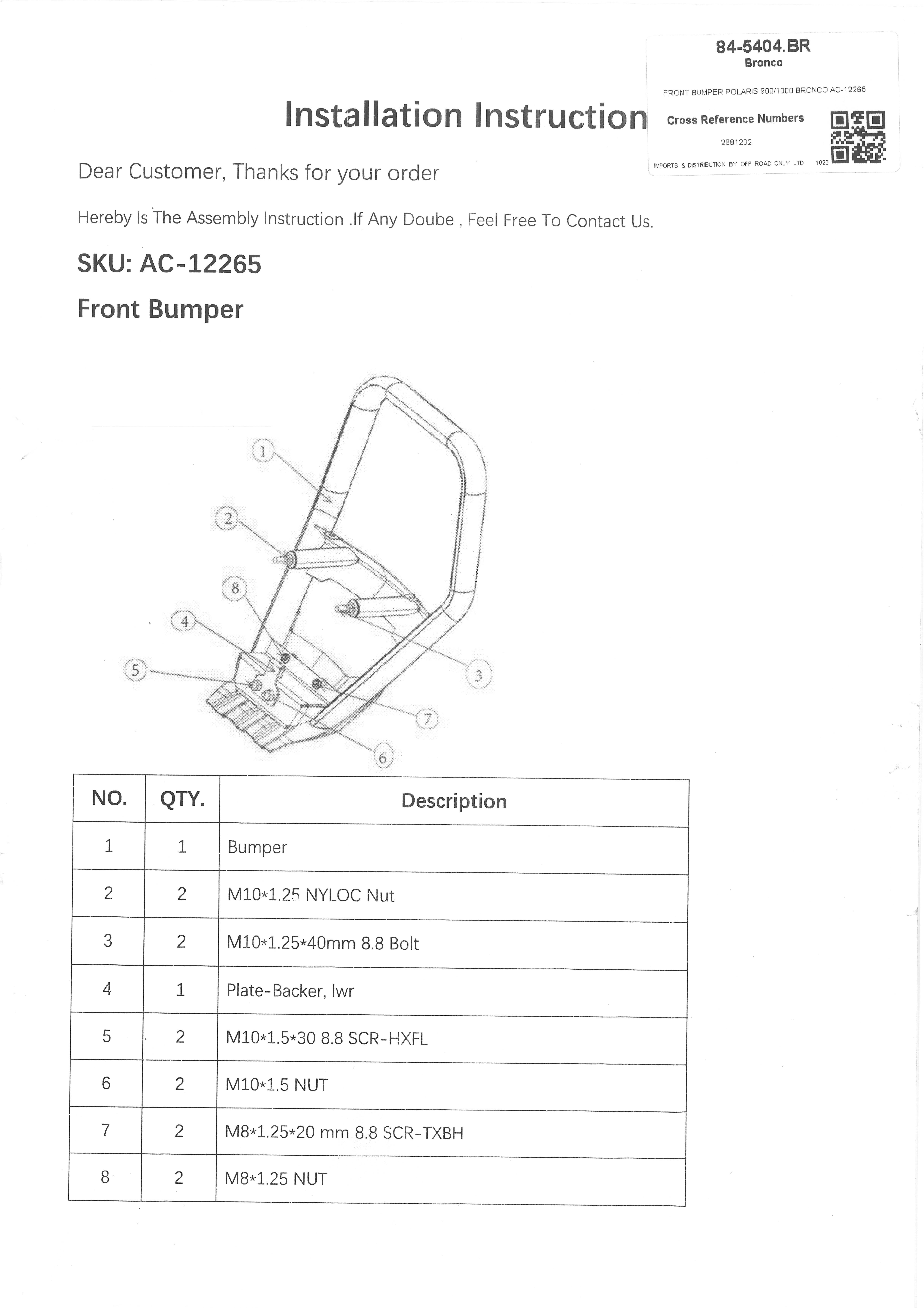 £25+ VAT CLEARANCE, FRONT BUMPER POLARIS 900/1000 BRONCO AC-12265 thumbnail 2