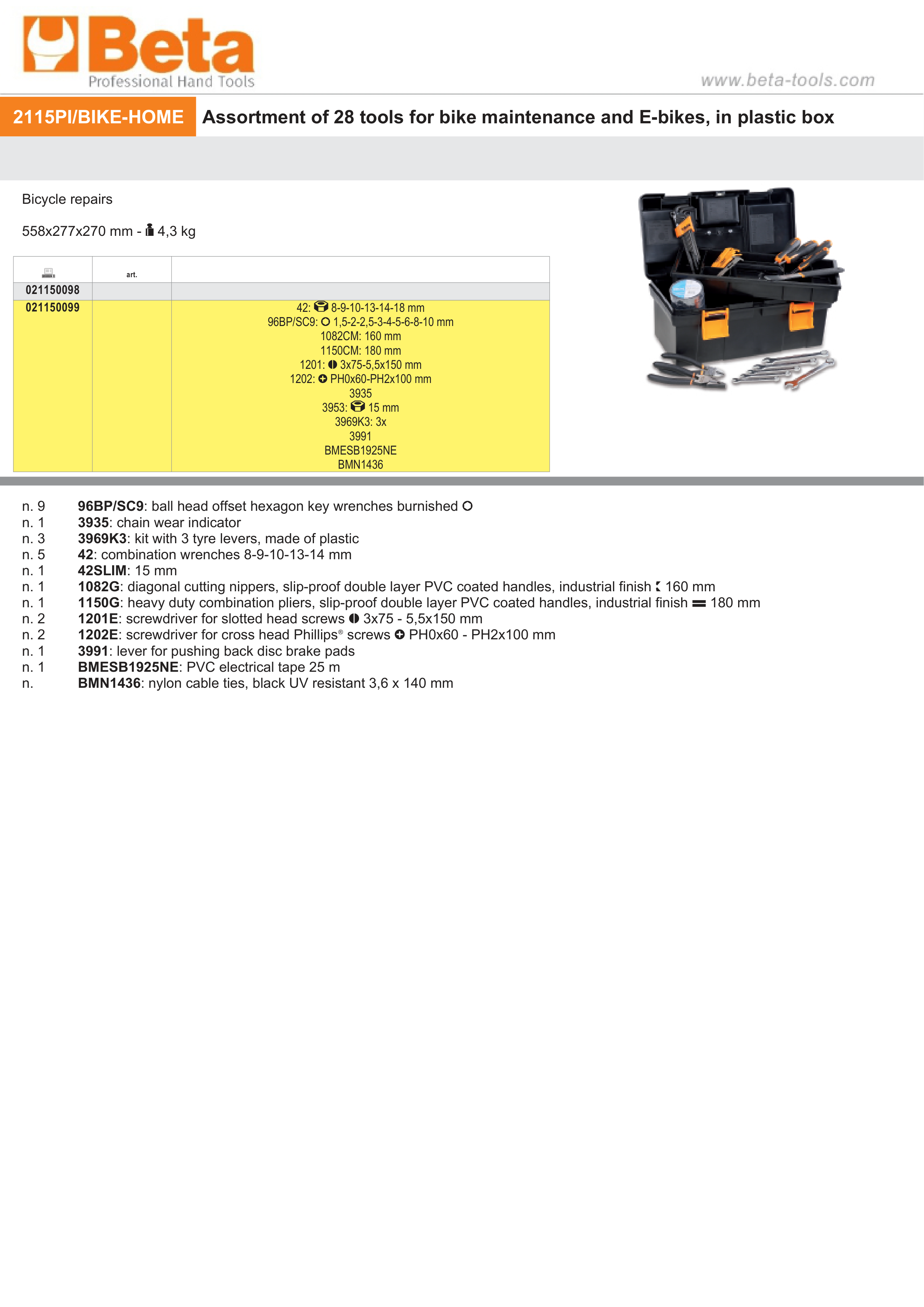 28-Piece Bike and E-Bike Maintenance Tool Set in Plastic Box 558x277x270 mm - Beta Tools 2115PI/BIKE-HOME thumbnail 2
