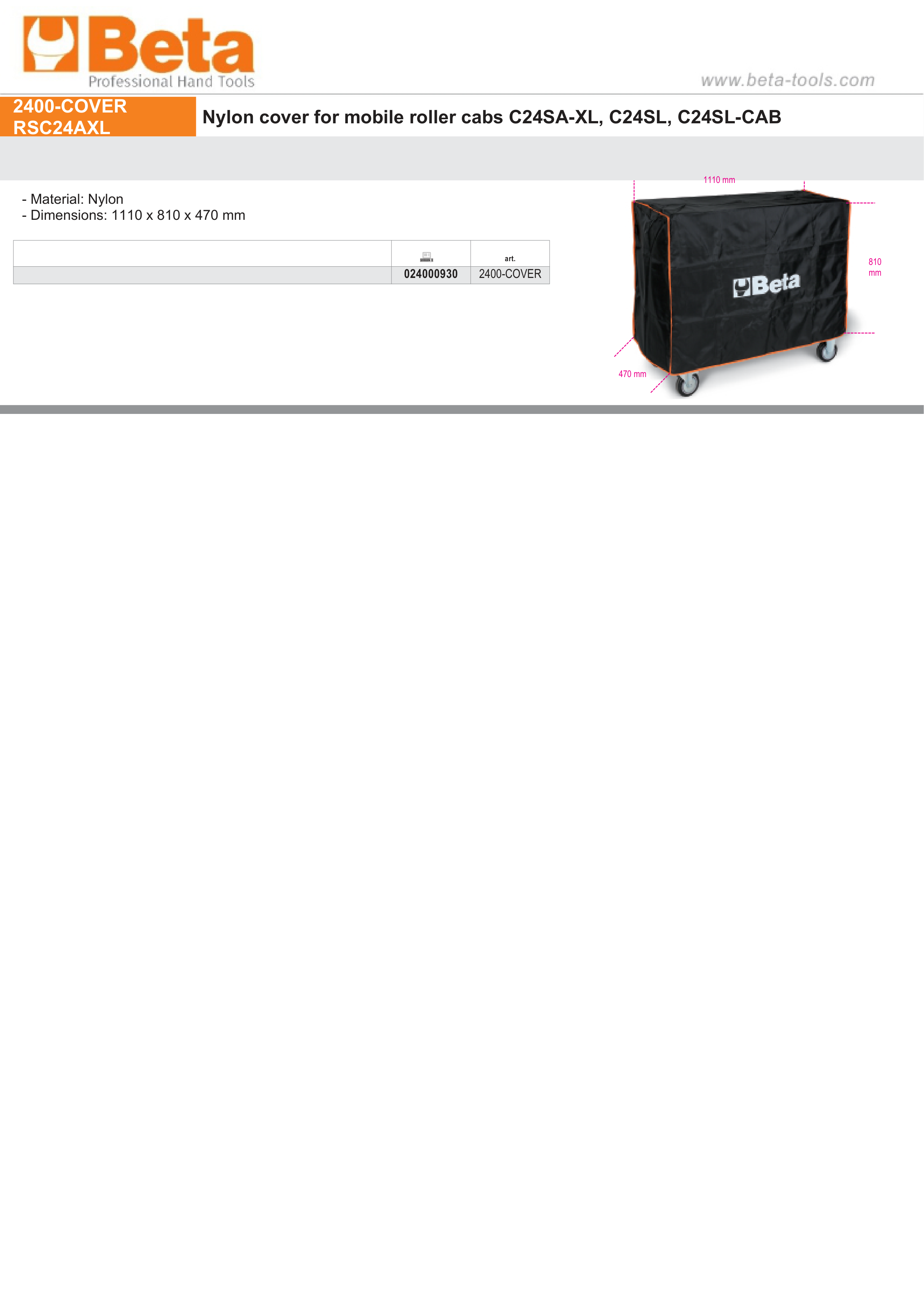 Nylon Cover for Mobile Roller Cabs C24SA-XL C24SL C24SL-CAB 1110x810x470mm - Beta Tools 2400-COVER RSC24AXL thumbnail 2