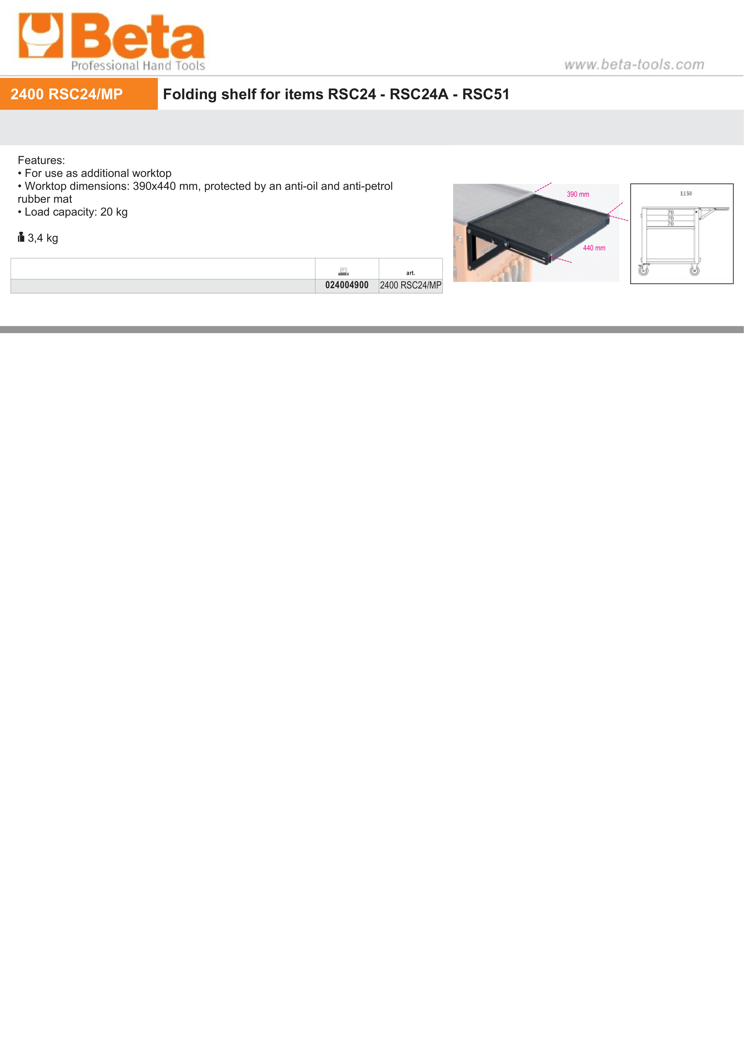 Folding Shelf for RSC24 RSC24A RSC51 390x440mm 20kg Capacity - Beta Tools 2400 RSC24/MP thumbnail 2