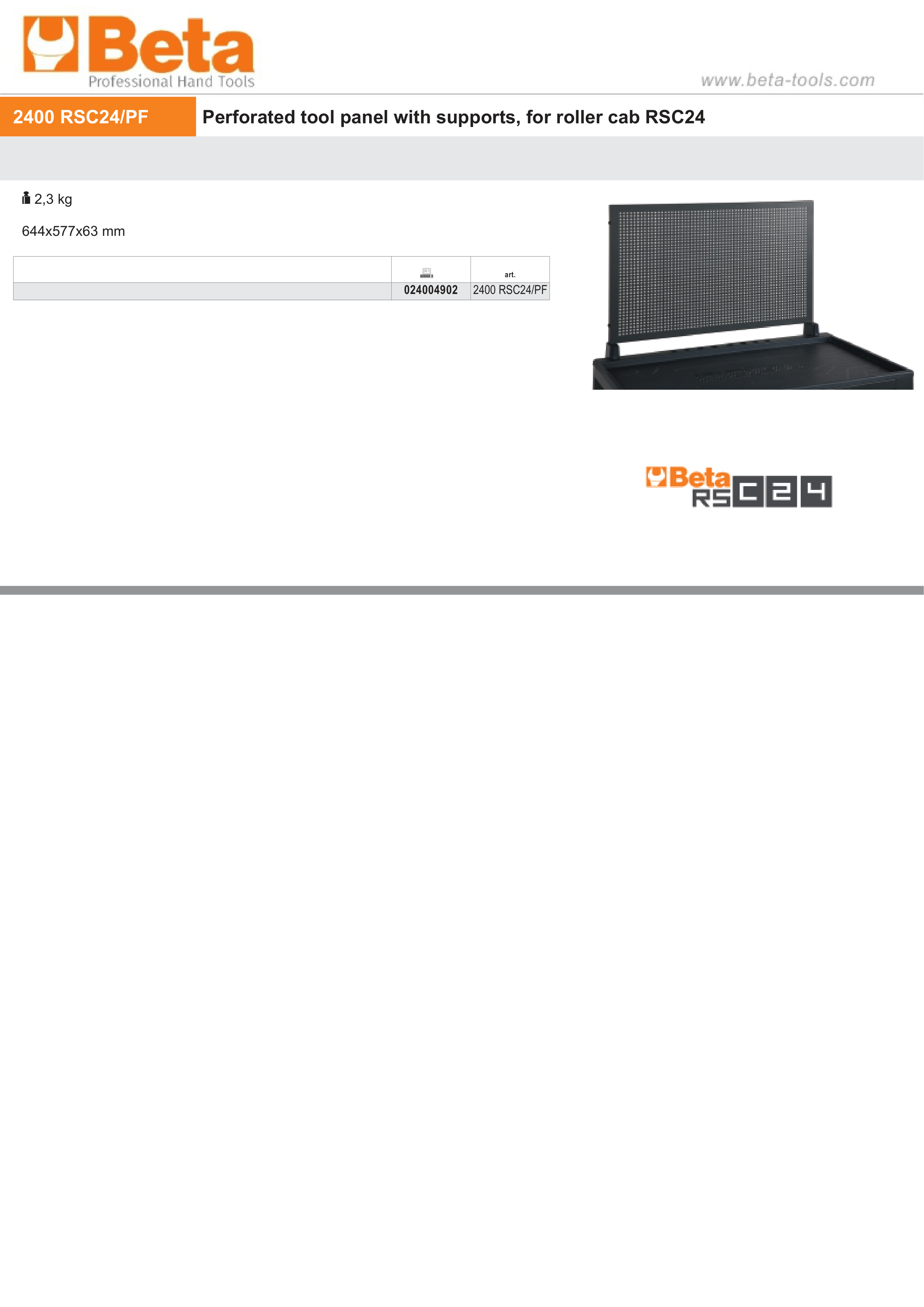 Perforated Tool Panel with Supports for Roller Cab RSC24 - Beta Tools 2400 RSC24/PF thumbnail 3