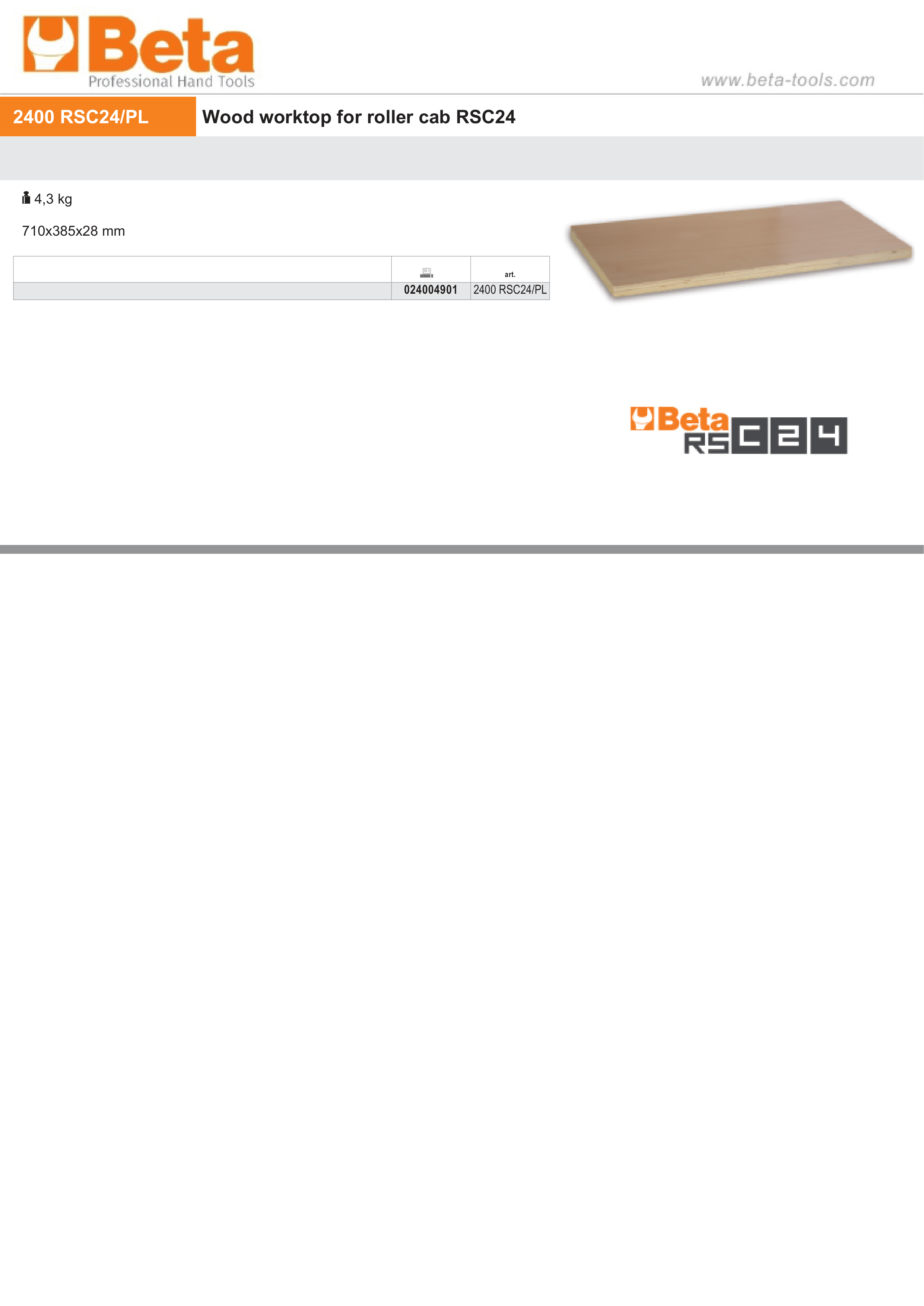 Wood Worktop for Roller Cab RSC24 - Beta Tools 2400 RSC24/PL thumbnail 3
