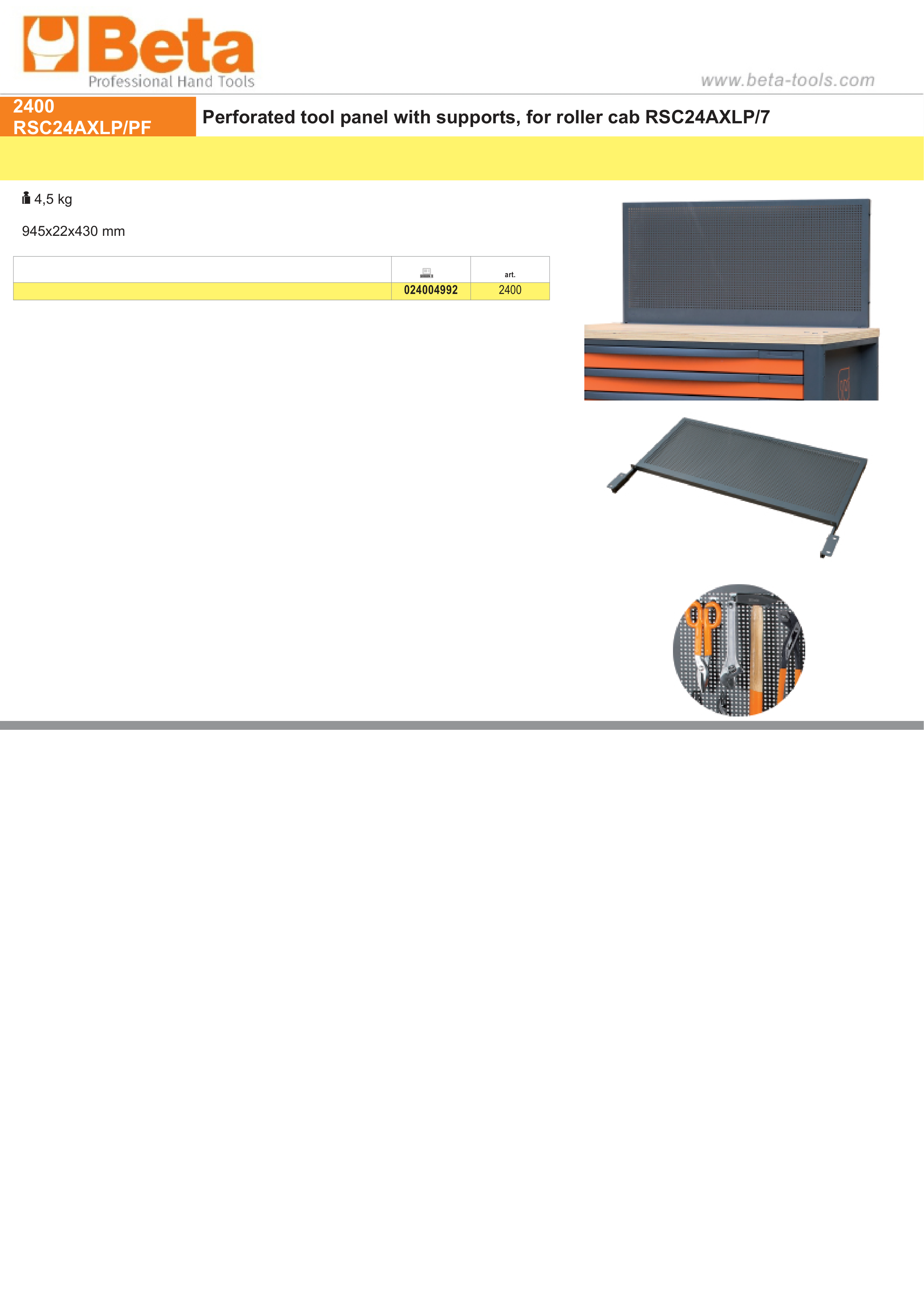 Perforated Tool Panel with Supports for Roller Cab RSC24AXLP/7 - Beta Tools 2400 RSC24AXLP/PF thumbnail 3