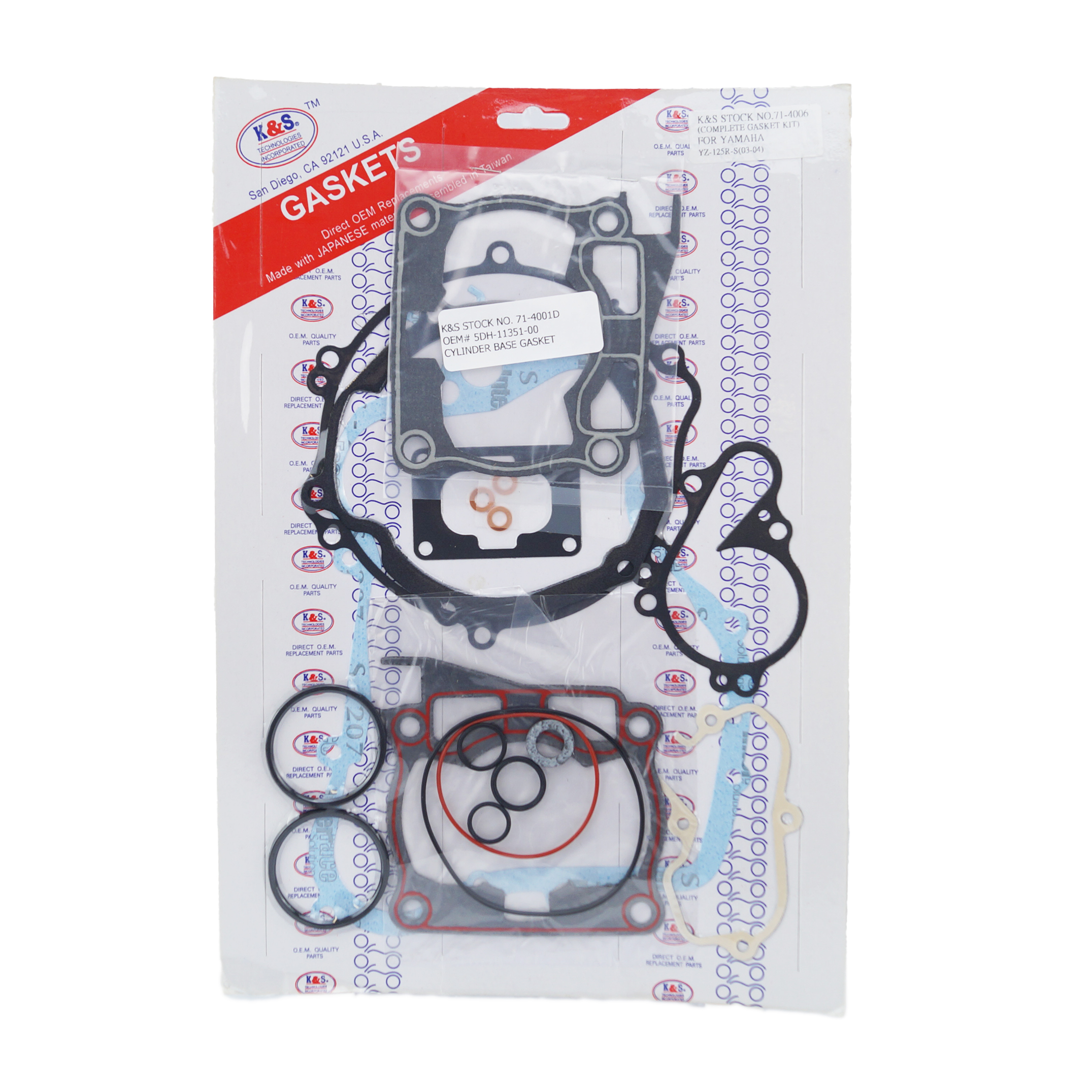 GASKET FULL SET 03-04 YZ125, K&S 71-4006 YAMAHA MX, INCLUDES OEM PAPER BASE GASKET image 1