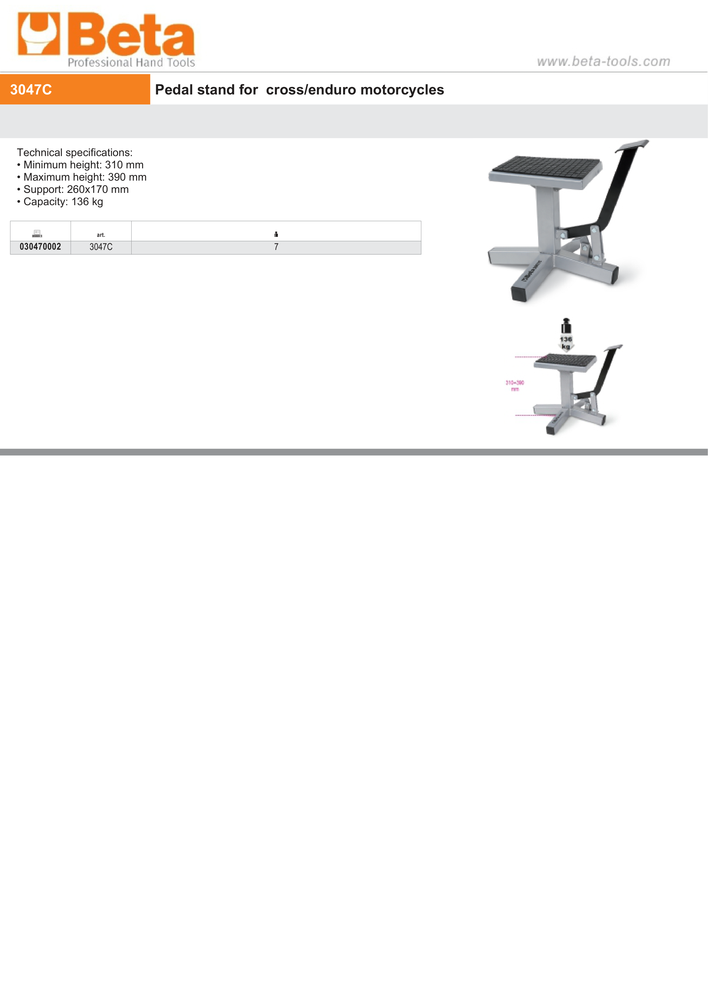 Pedal Stand for Cross/Enduro Motorcycles 310-390mm Height 260x170mm Support 136kg Capacity - Beta Tools 3047C thumbnail 3