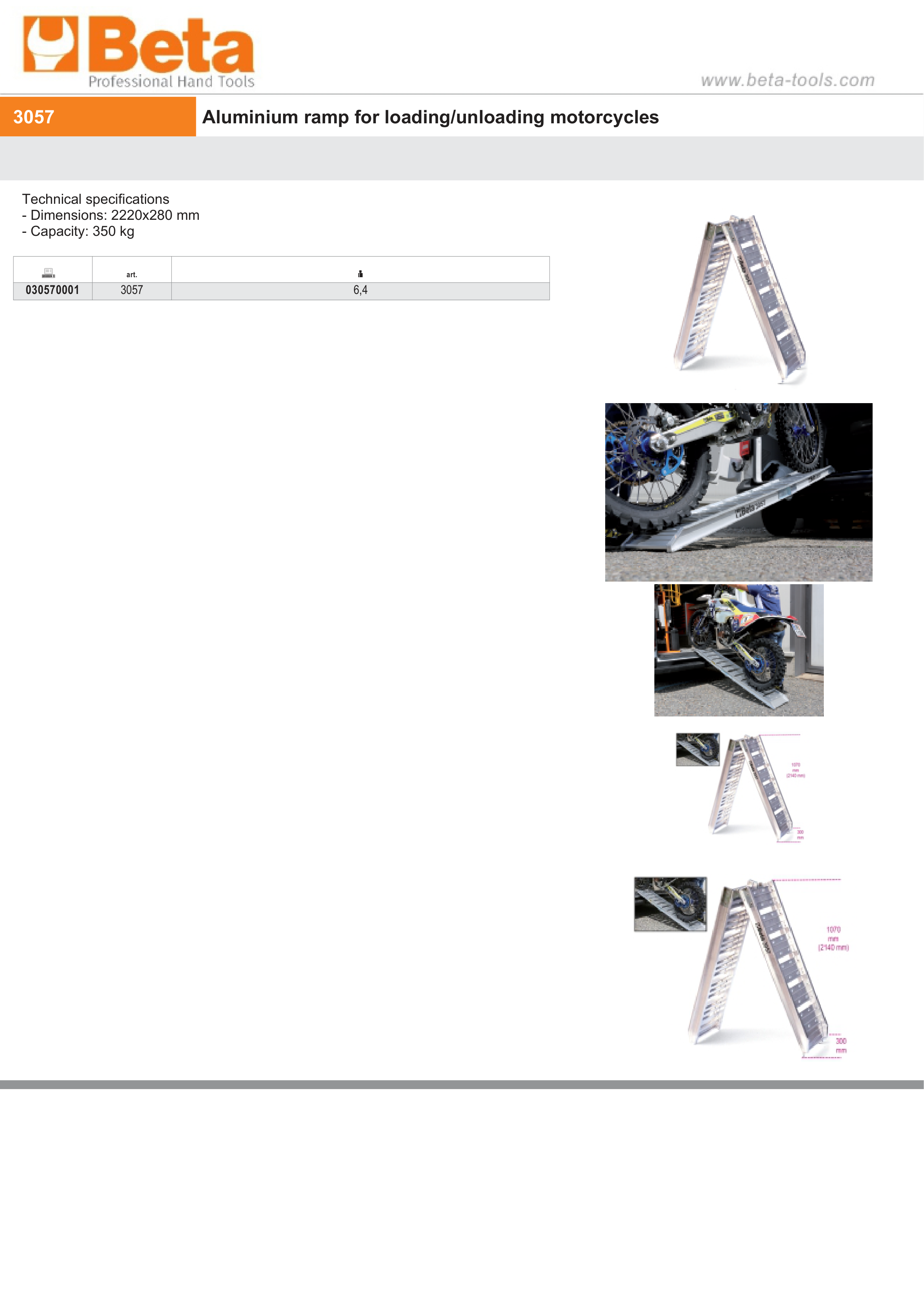 Aluminum Ramp for Loading/Unloading Motorcycles 2220x280mm 350kg Capacity - Beta Tools 3057 thumbnail 5