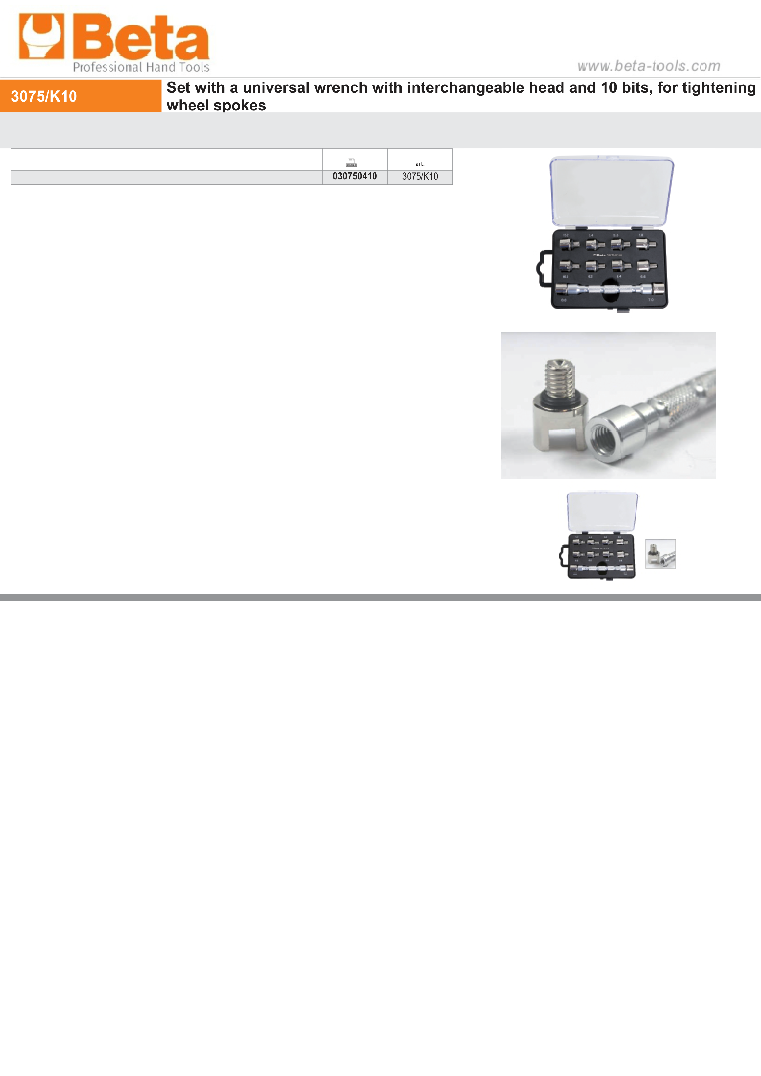 Universal Wrench Set with Interchangeable Head and 10 Bits for Wheel Spokes - Beta Tools 3075/K10 thumbnail 4