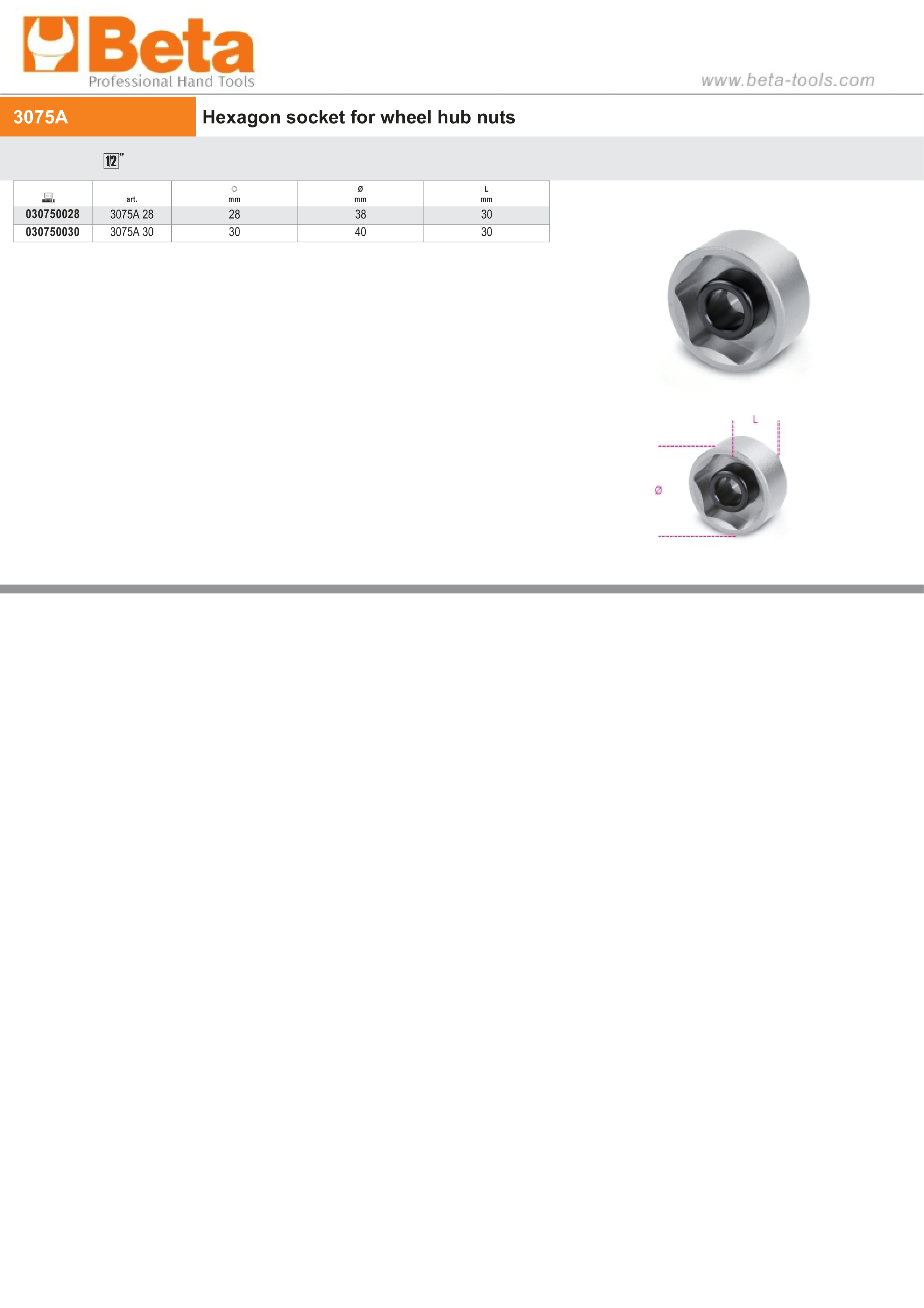 Hexagon Socket for Wheel Hub Nuts 28mm - Beta Tools 3075A 28 thumbnail 2