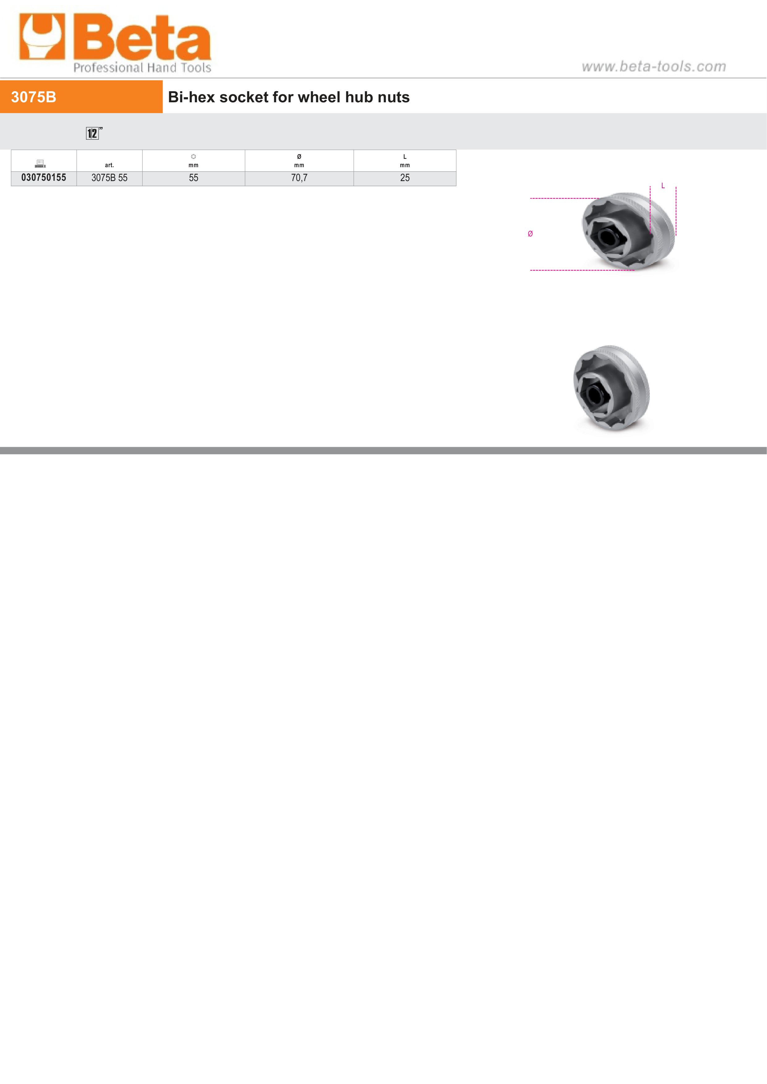 Bi-Hex Socket for Wheel Hub Nuts 55mm - Beta Tools 3075B 55 thumbnail 3