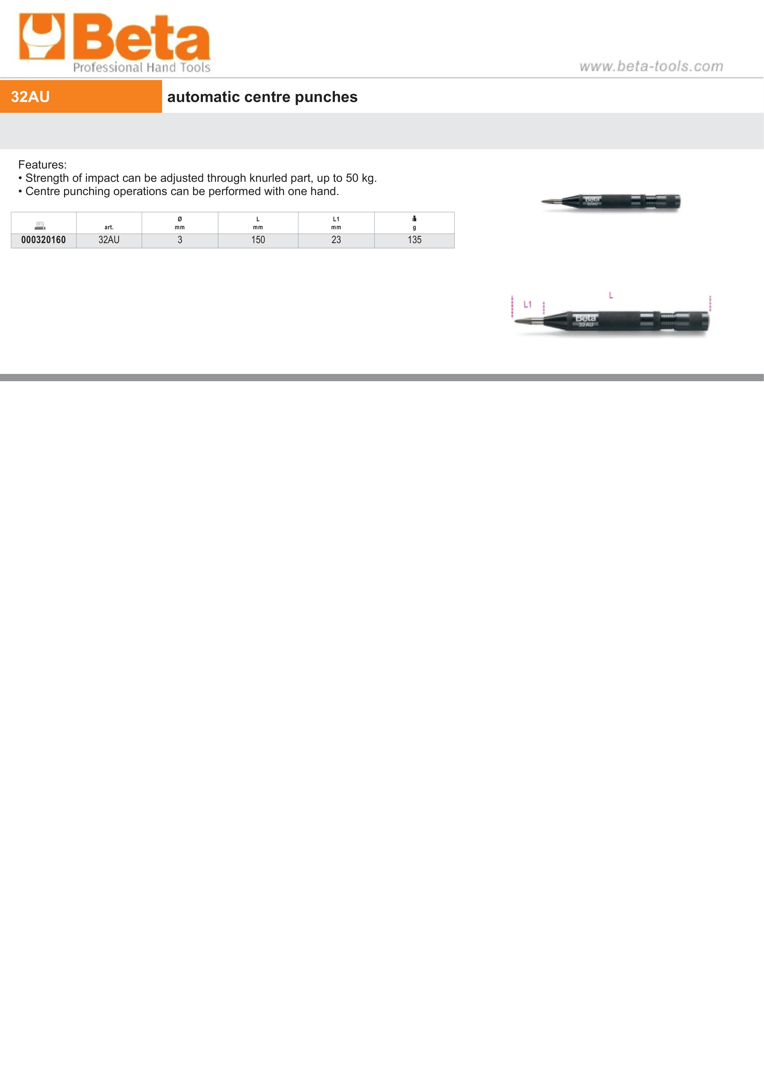 Automatic Centre Punch 3mm - Beta Tools 32AU thumbnail 4