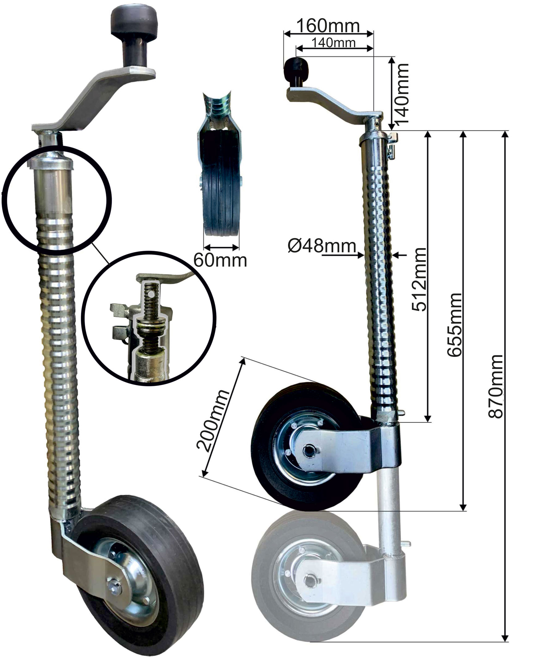 48mm RIBBED JOCKEY WHEEL TRAILER 655mm TO 870mm 500kg image 1