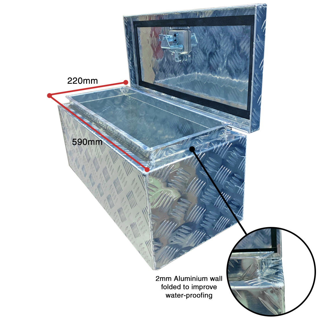 TRAILER STORAGE BOX 60L 675mx300mmx300mm ALUMINIUM CHEQUER PLATE thumbnail 3