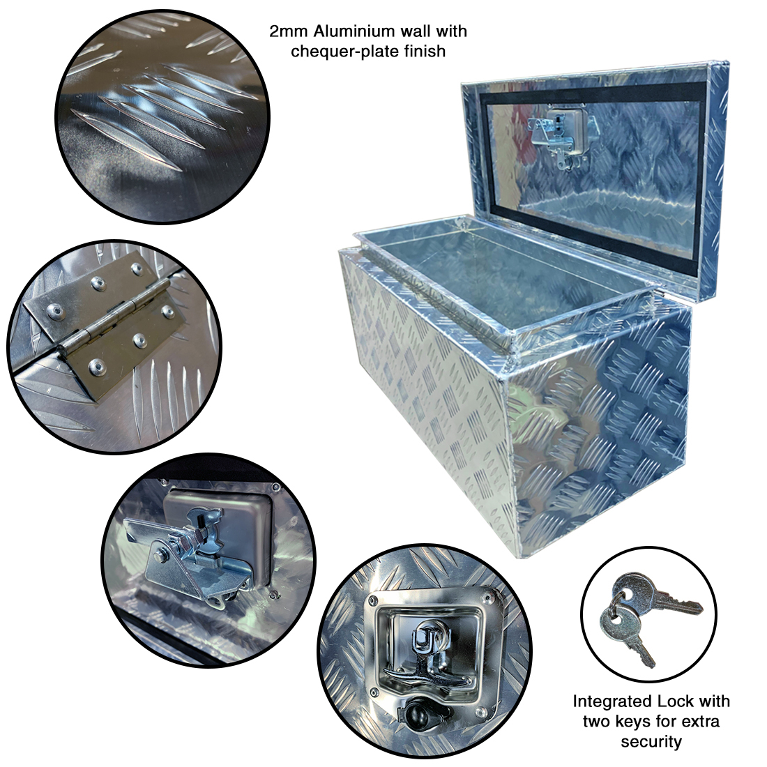 TRAILER STORAGE BOX 60L 675mx300mmx300mm ALUMINIUM CHEQUER PLATE thumbnail 4