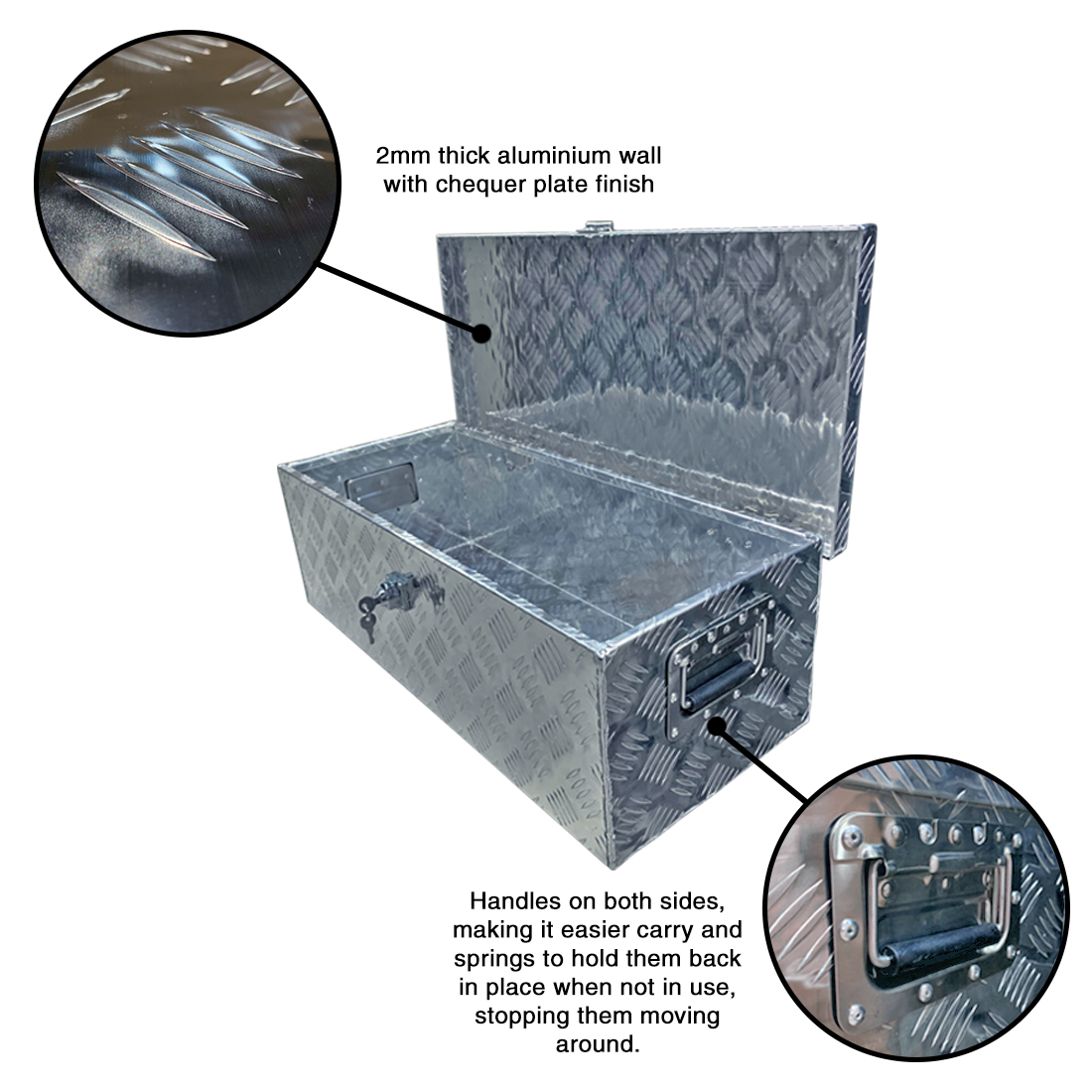 TRAILER STORAGE BOX 66L 760mx330mmx240mm ALUMINIUM CHEQUER PLATE thumbnail 2