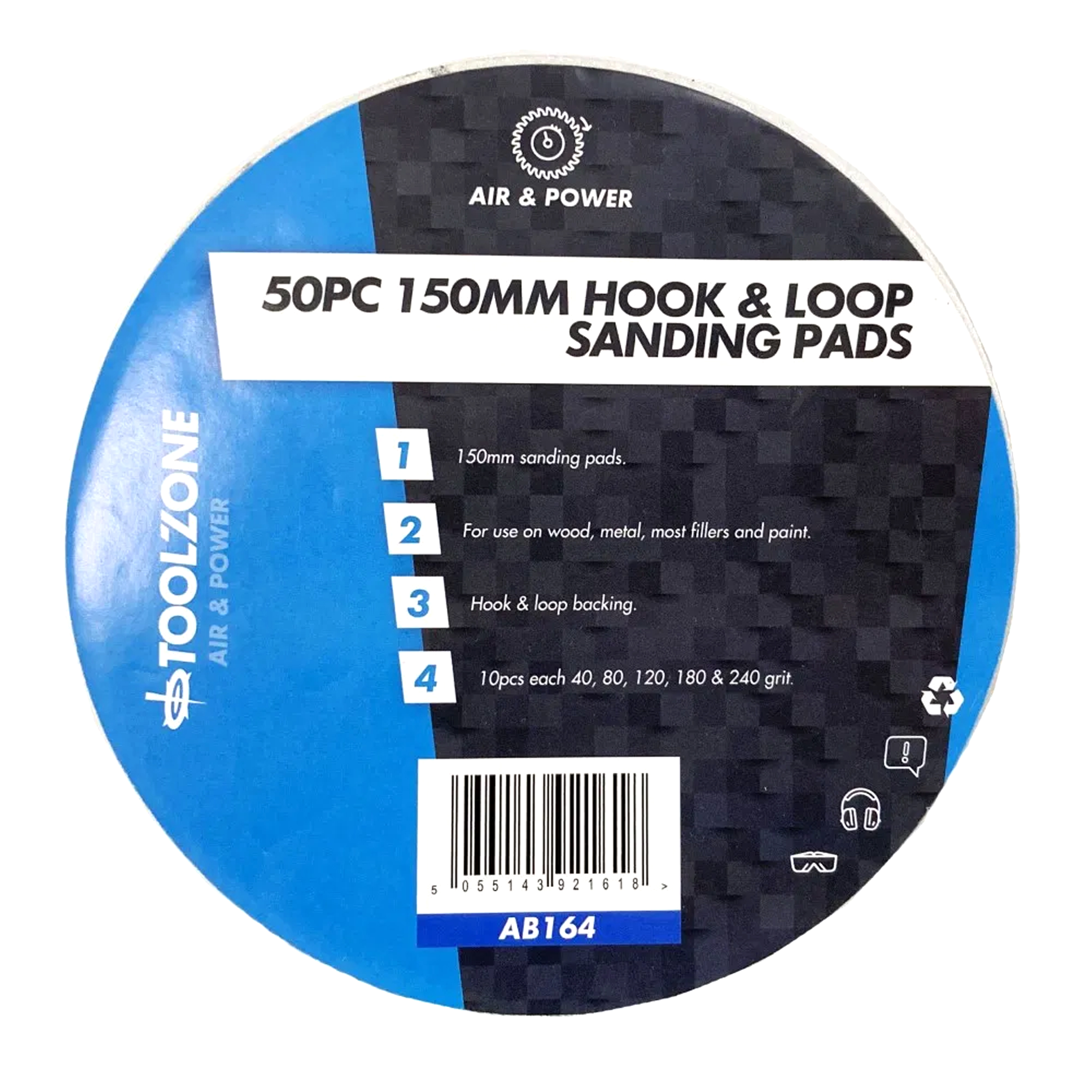 SANDING PADS HOOK AND LOOP 50 PIECES 150mm 40 80 120 180 240 GRIT - TOOLZONE KDPAB164 thumbnail 2