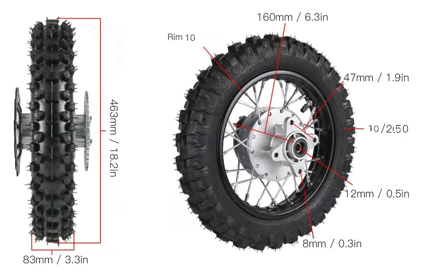 REAR WHEEL 10 PIT BIKE 12MM AXLE, 10-2.50, DISK BRAKE thumbnail 2
