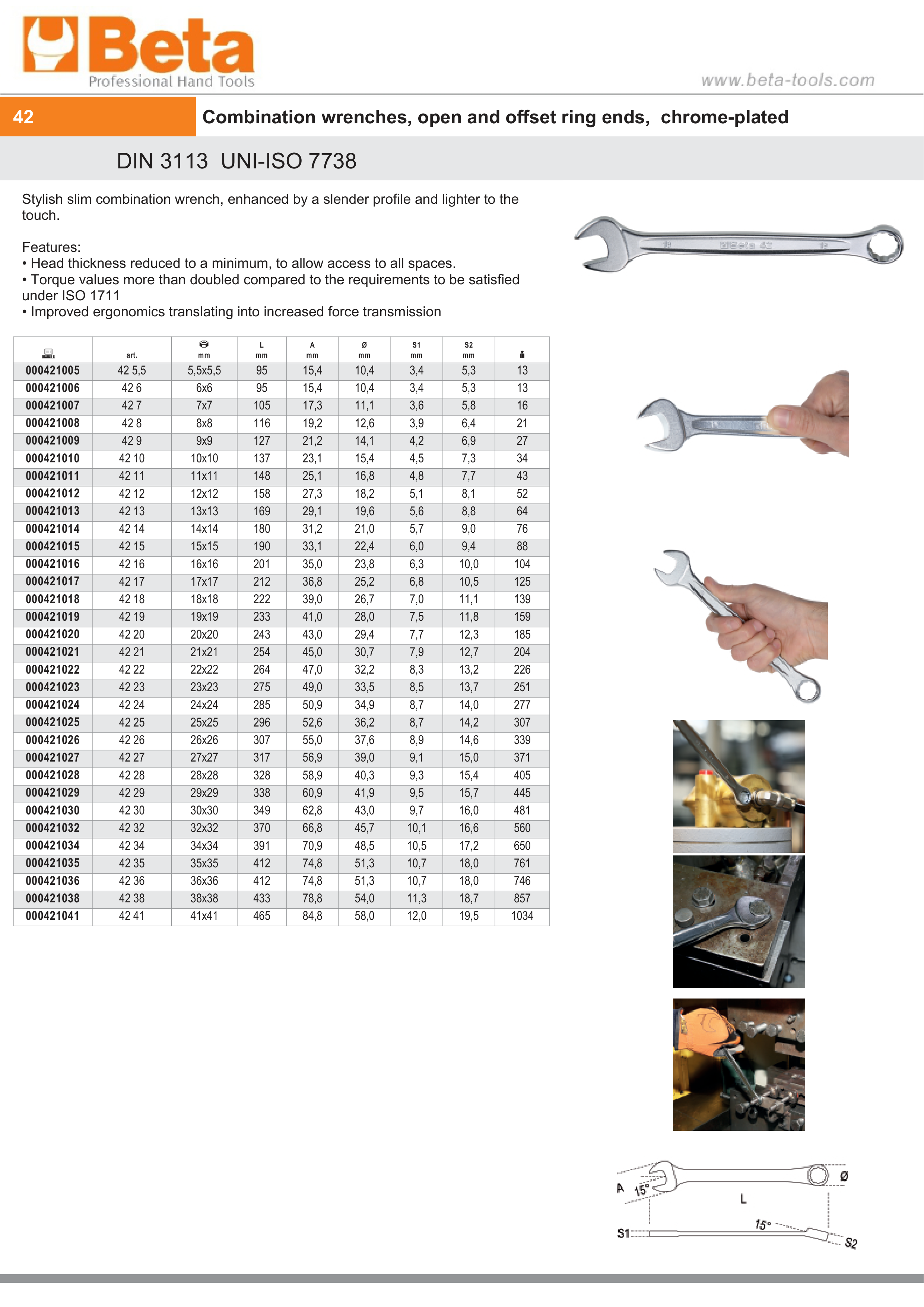 Combination Spanner Wrench Open Offset Ring Ends Chrome-Plated 10mm - Beta Tools 42 10 thumbnail 5