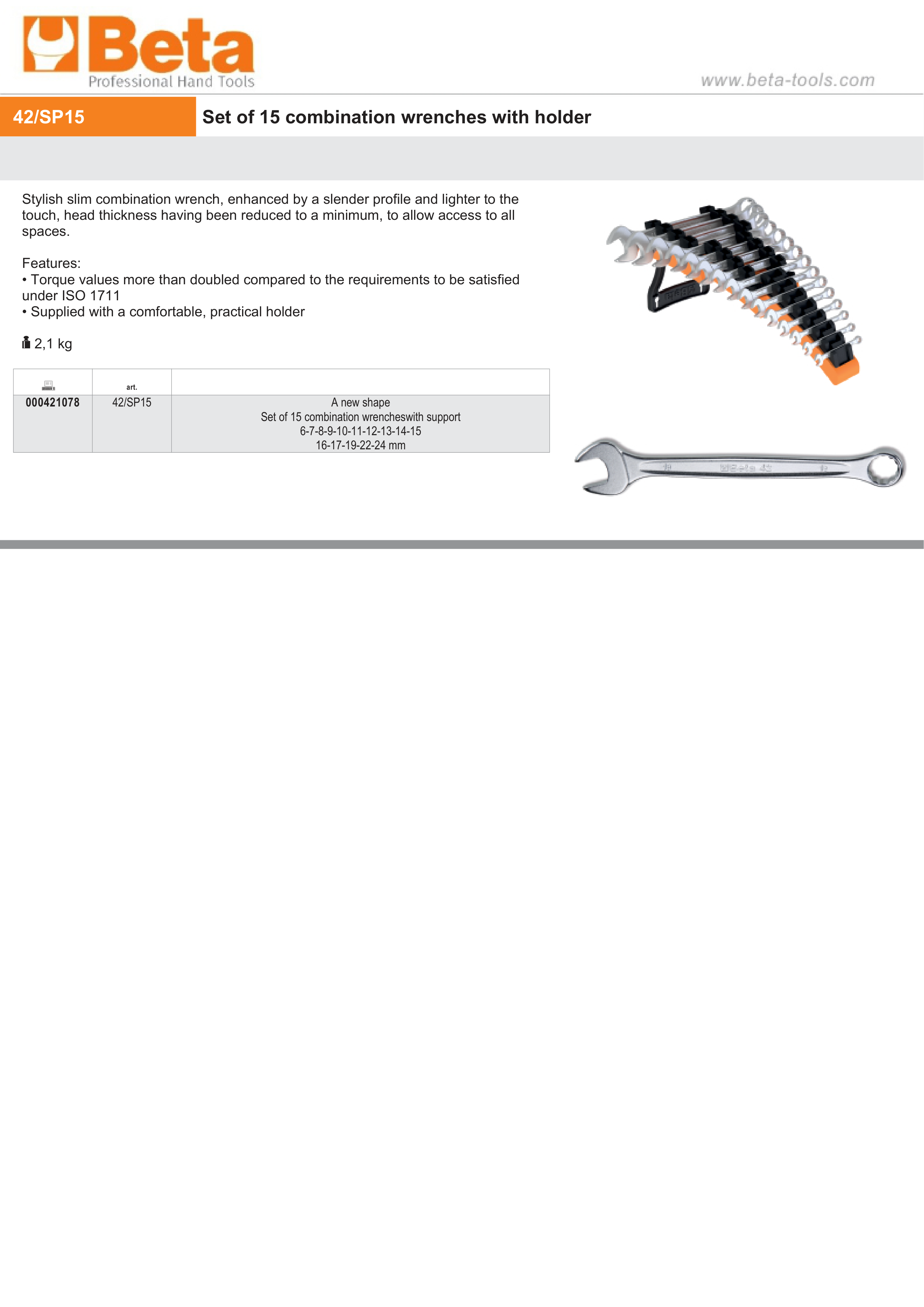 Combination Spanner Wrench Set with Support 6mm - 24mm - Beta Tools 42/SP15 thumbnail 2