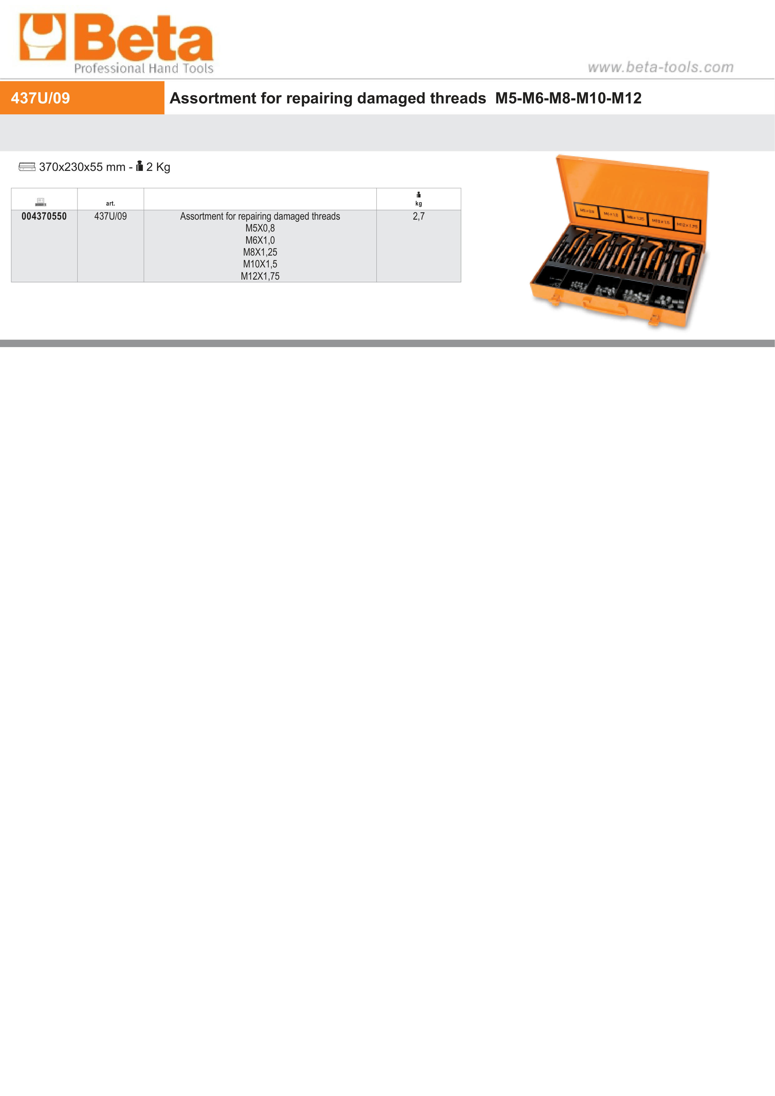 Assortment for Repairing Damaged Threads M5 - M12 370x230x55mm - Beta Tools 437U/09 thumbnail 2