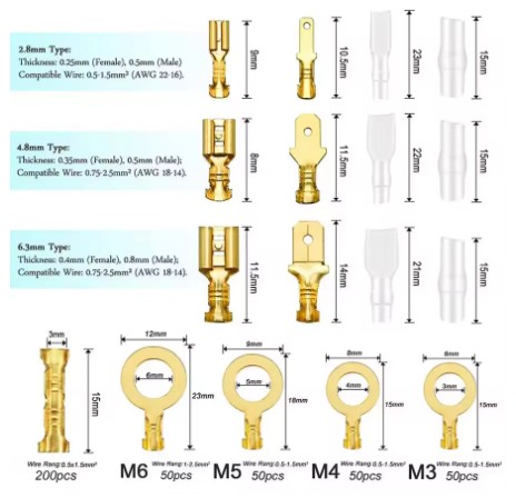 CRIMP TERMINALS KIT 2.8 4.8 6.3mm MALE AND FEMALE WIRE CONNECTOR INSULATED SLEEVES SN-48B thumbnail 2
