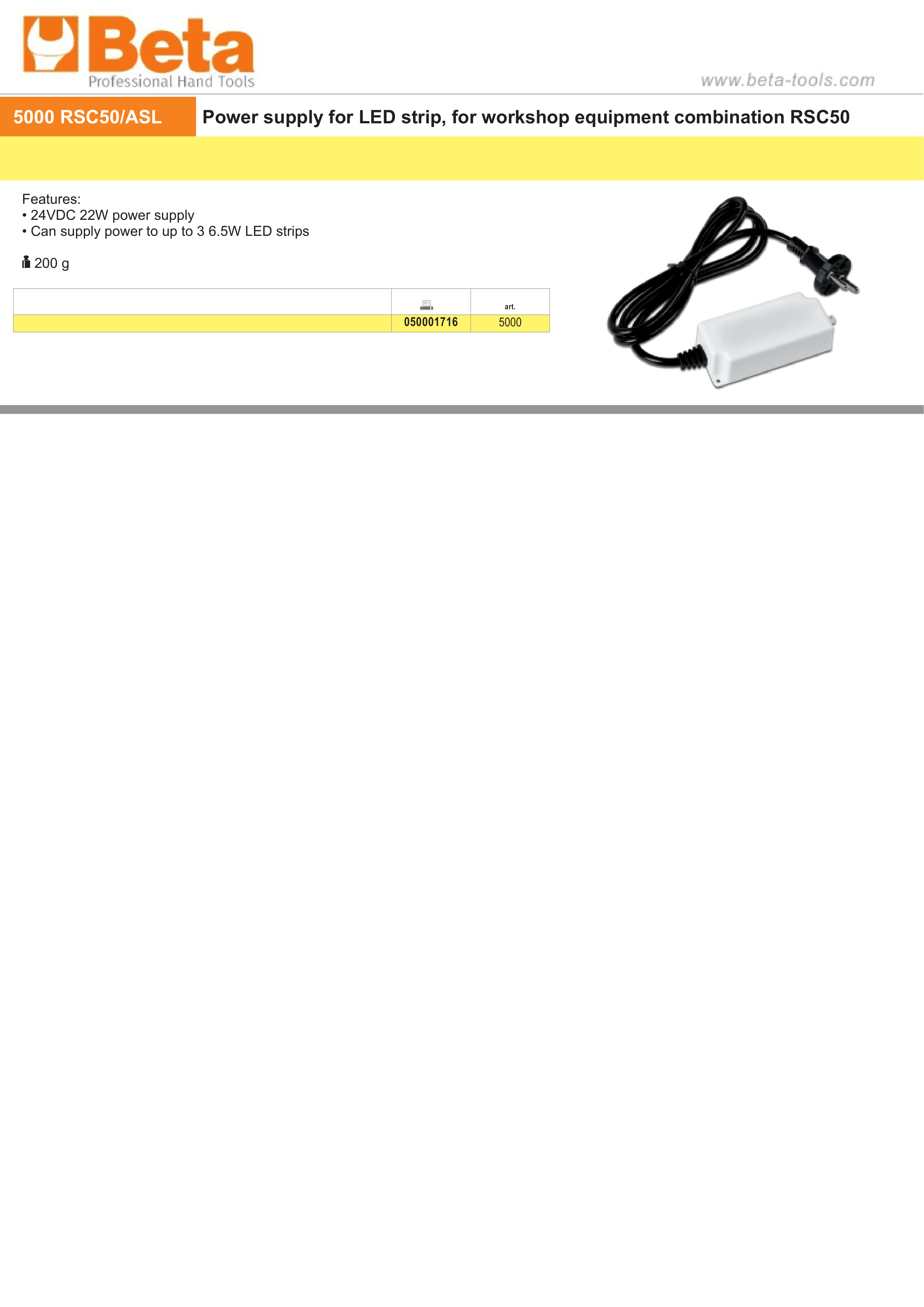 Power Supply for LED Strip RSC50, 24VDC 22W, Supports Up to 3 LED Strips - BetaRSC50 5000 RSC50/ASL thumbnail 2