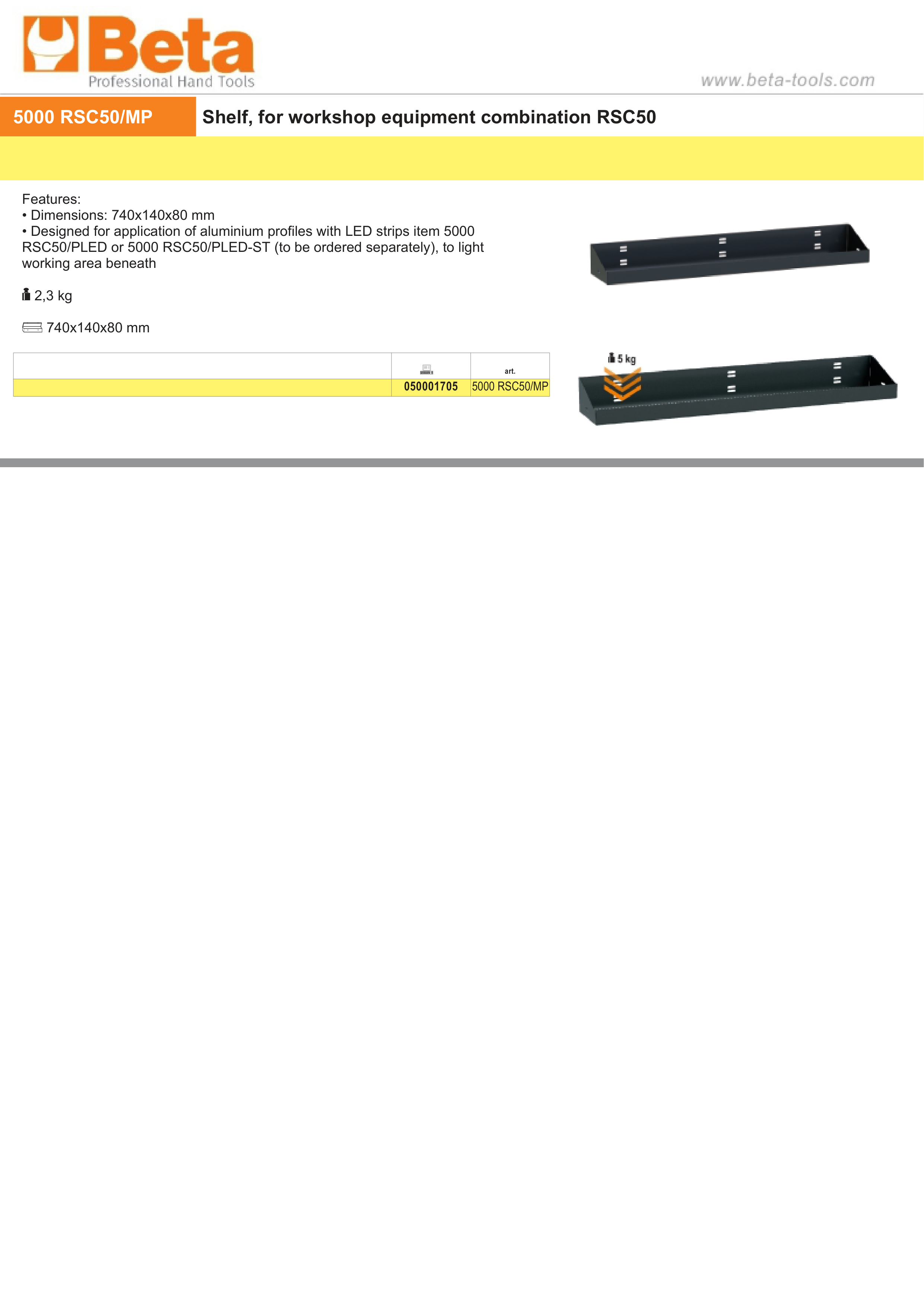 Shelf for RSC50, 740x140x80mm, Compatible with LED Strip Profiles (Sold Separately) - BetaRSC50 5000 RSC50/MP thumbnail 2