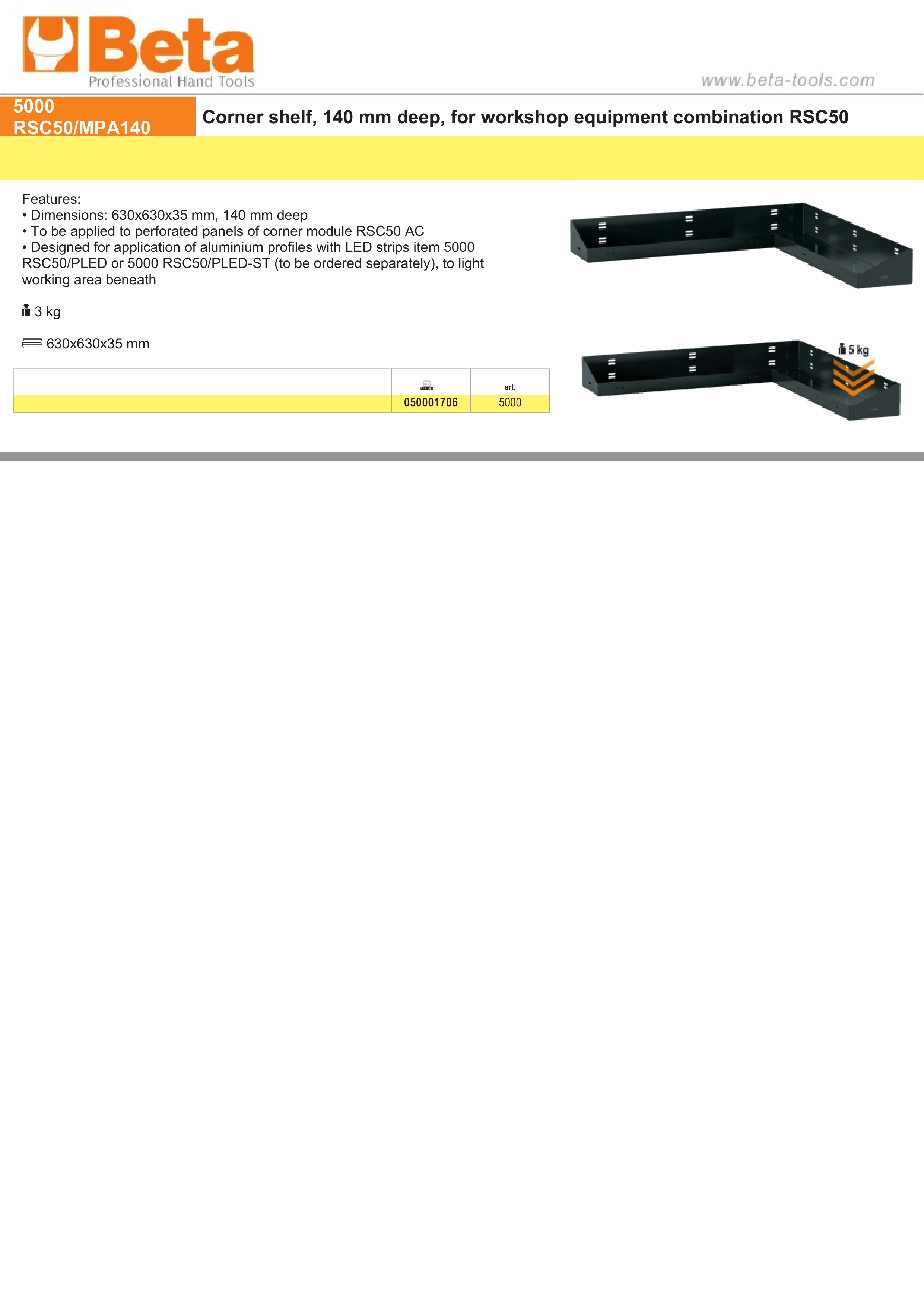 Corner Shelf for RSC50, 630x630x35mm, 140mm Deep, Compatible with LED Strip Profiles (Sold Separately) - BetaRSC50 5000 RSC50/MPA140 thumbnail 2
