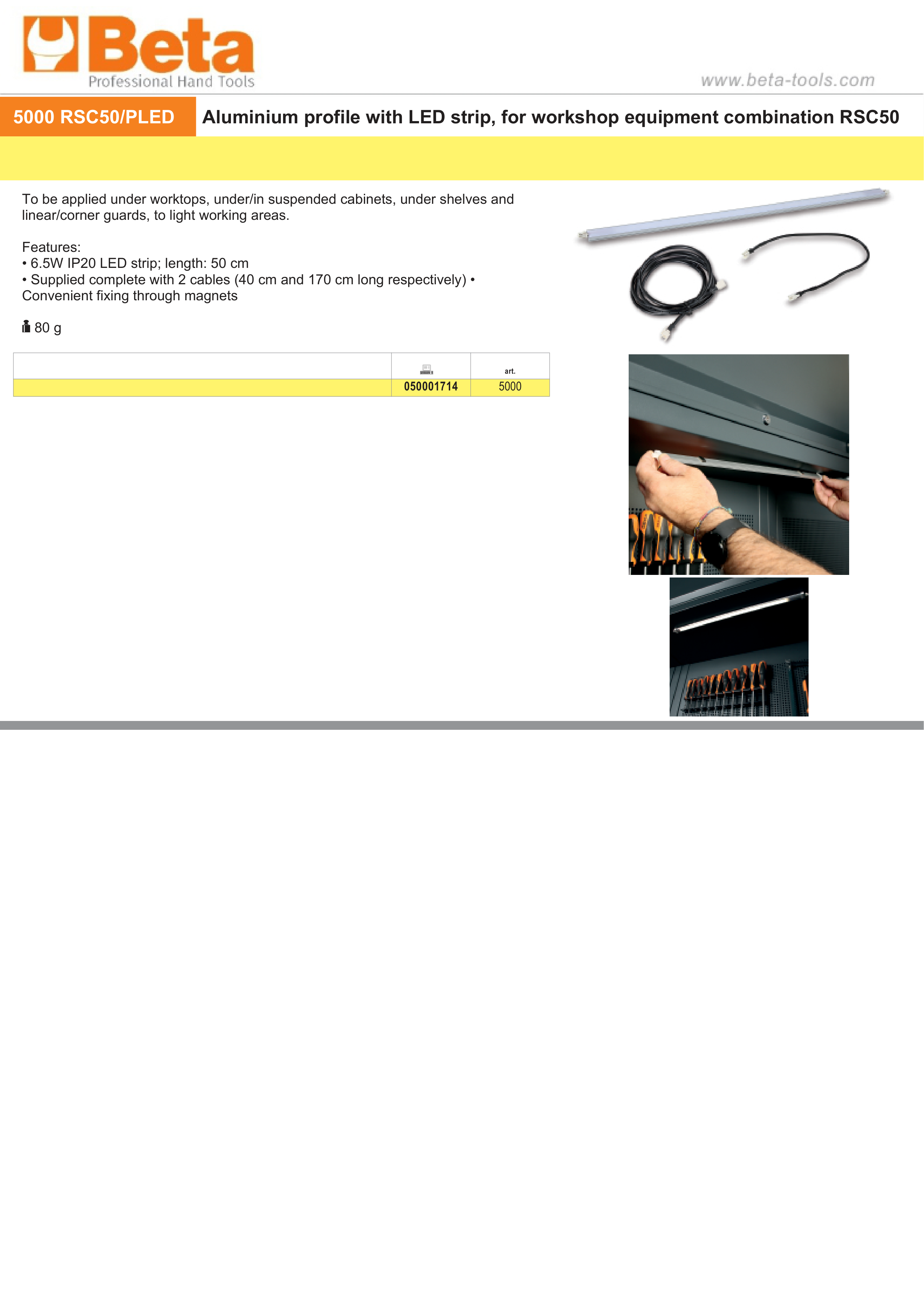 Aluminium Profile with LED Strip for RSC50, 50cm Length, 6.5W IP20, Includes 2 Cables, Magnetic Fixing - BetaRSC50 5000 RSC50/PLED thumbnail 3