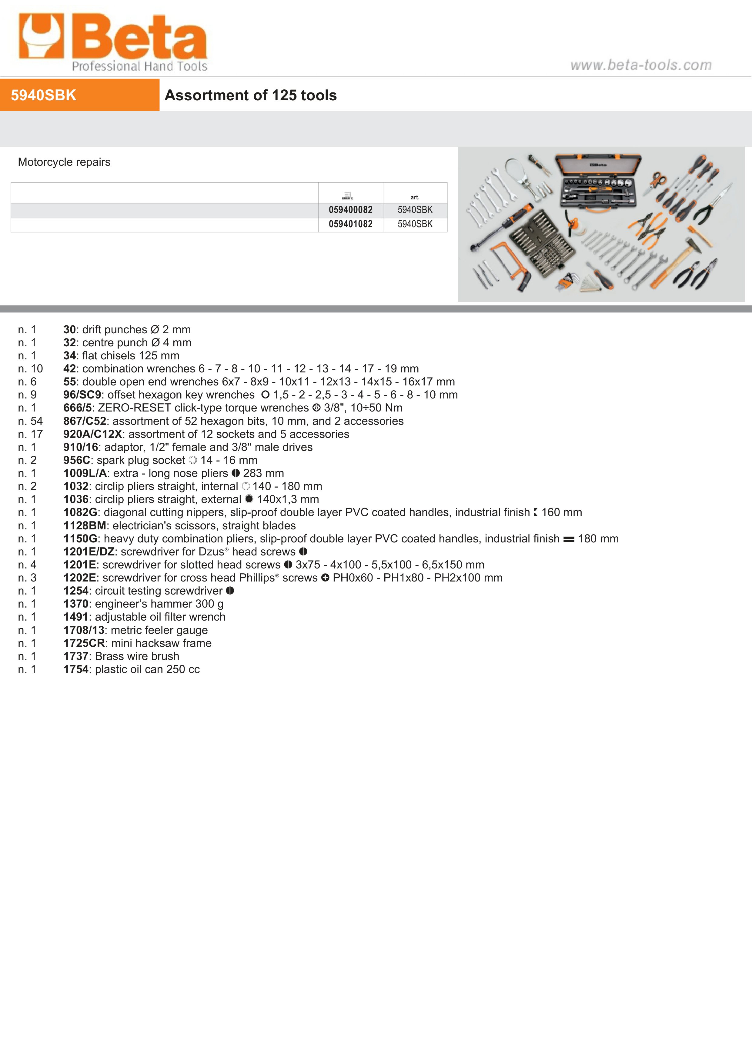 Assortment of 125 Tools for Motorcycle Repairs - Beta Tools 5940SBK thumbnail 2
