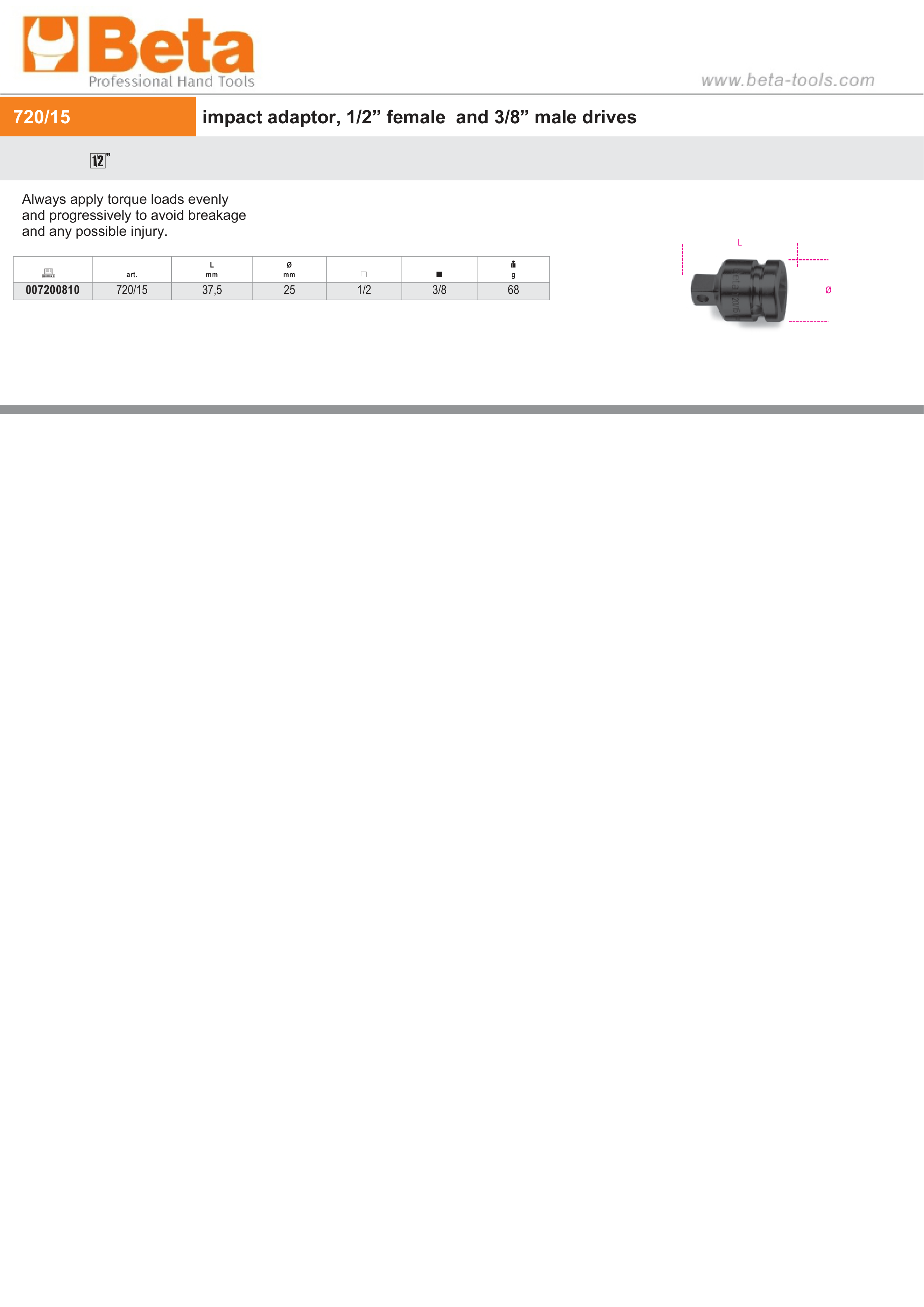 Impact Adaptor, 1/2 Female to 3/8 Male Drives, 37.5mm Length - Beta Tools 720/15 thumbnail 3