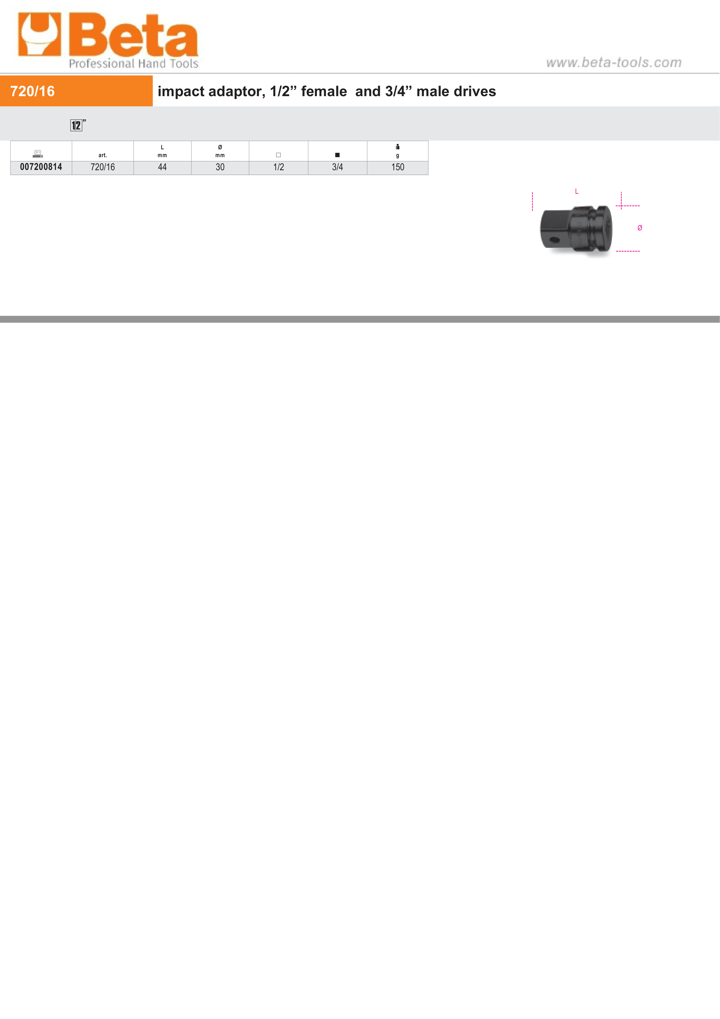 Impact Adaptor, 1/2 Female to 3/4 Male Drives, 44mm Length - Beta Tools 720/16 thumbnail 2