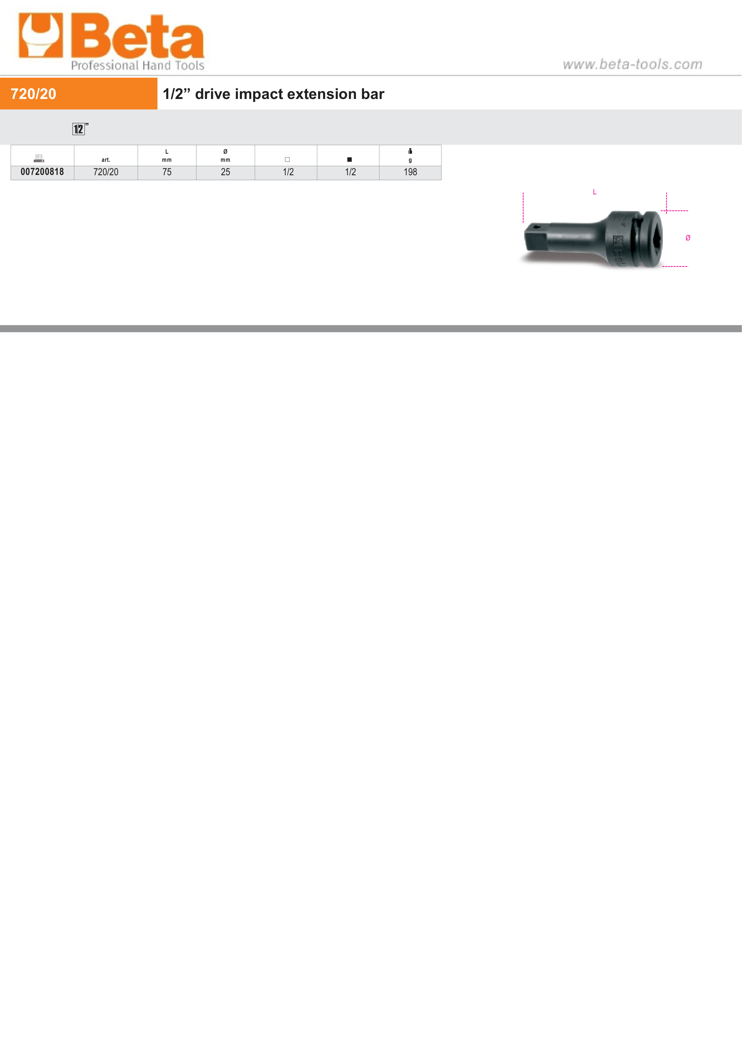 1/2 Drive Impact Extension Bar, 75mm Length - Beta Tools 720/20 thumbnail 3