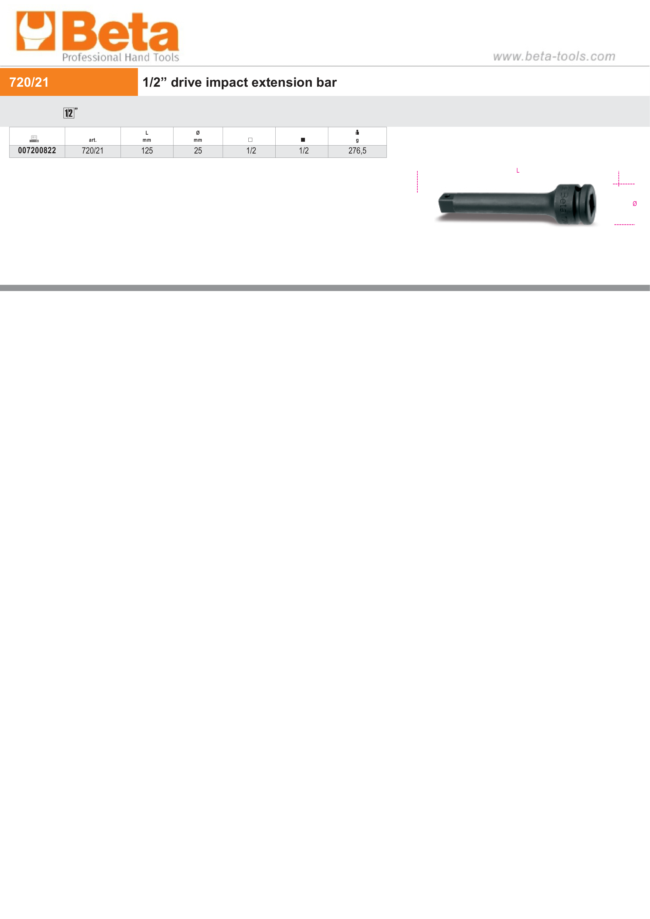 1/2 Drive Impact Extension Bar, 125mm Length - Beta Tools 720/21 thumbnail 3