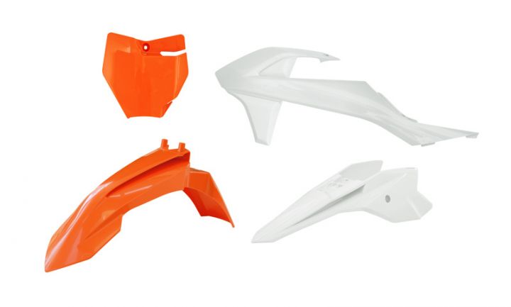 PLASTIC KIT/4 WHITE/ORANGE, KTM 50 SX 2016-23, SX-E 20-24, RTECH R-KITKTM-AR4-050 image 1