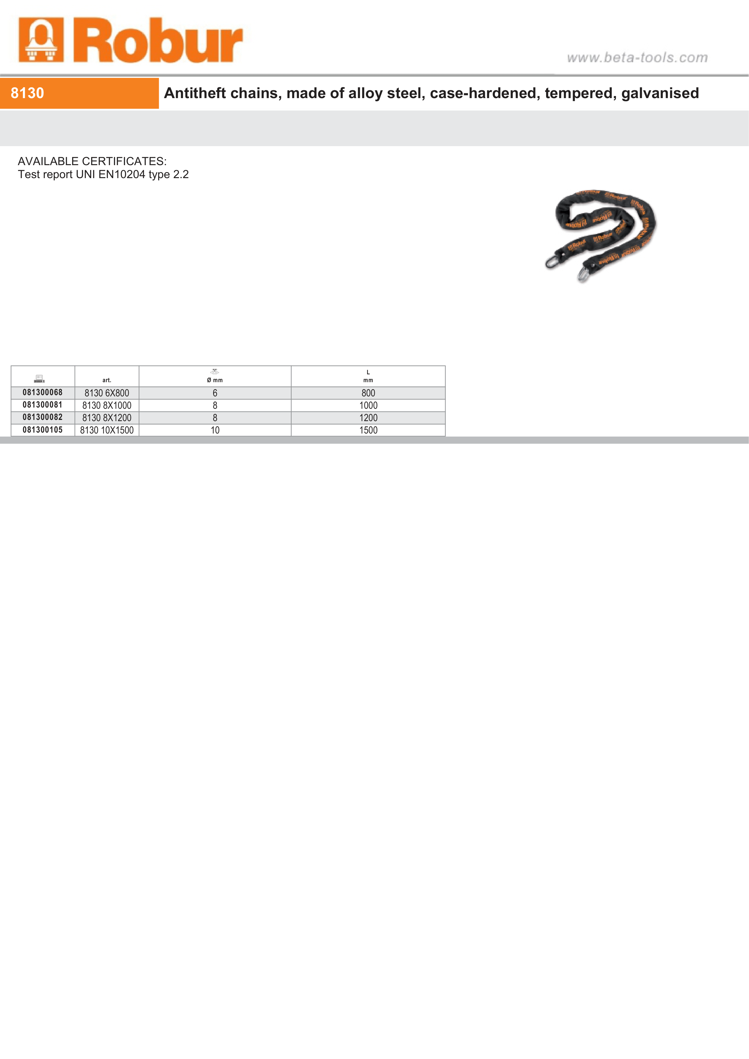 Antitheft Chains Alloy Steel Case-Hardened Tempered Galvanized 8mm - Robur 8130 8X1200 thumbnail 2