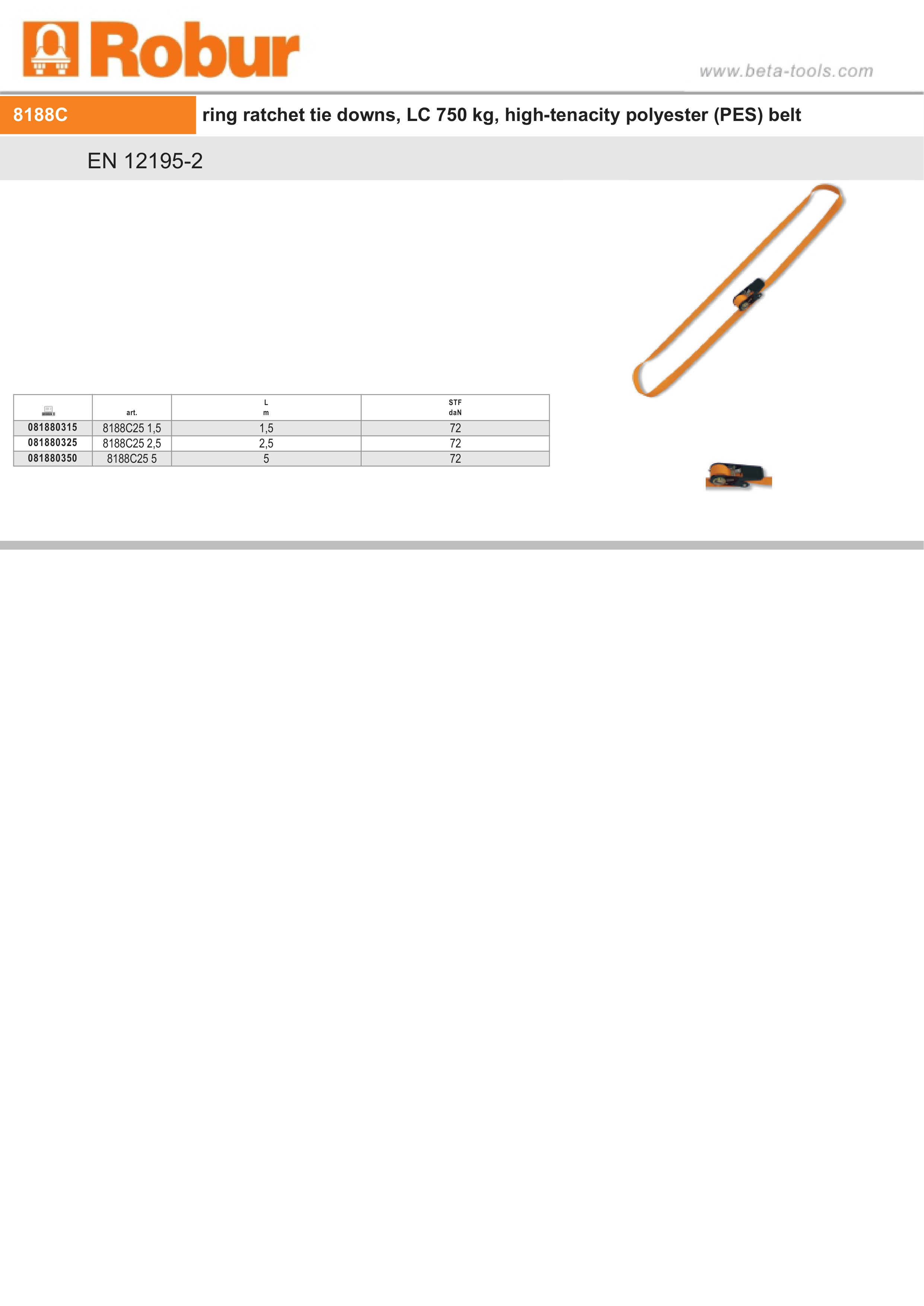 Ring Ratchet Tie Downs 750kg High-Tenacity Polyester 5m - Robur 8188C25 5 thumbnail 4