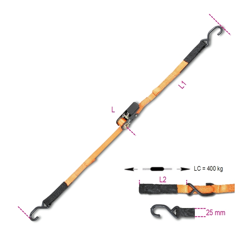 Ratchet Tie Downs with S-Hooks and Eyes 400kg High-Tenacity Polyester 3m - Robur 8188CG25 3 thumbnail 4