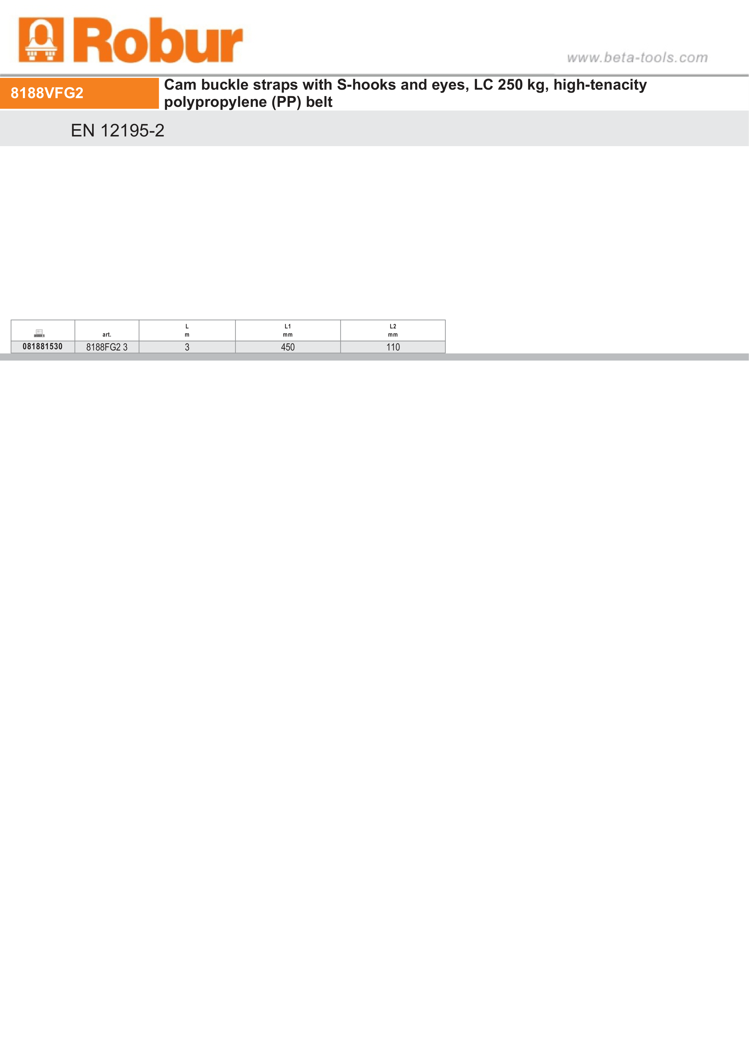 Cam Buckle Straps with S-Hooks and Eyes 250kg High-Tenacity Polypropylene 3m - Robur 8188FG2 3 thumbnail 3