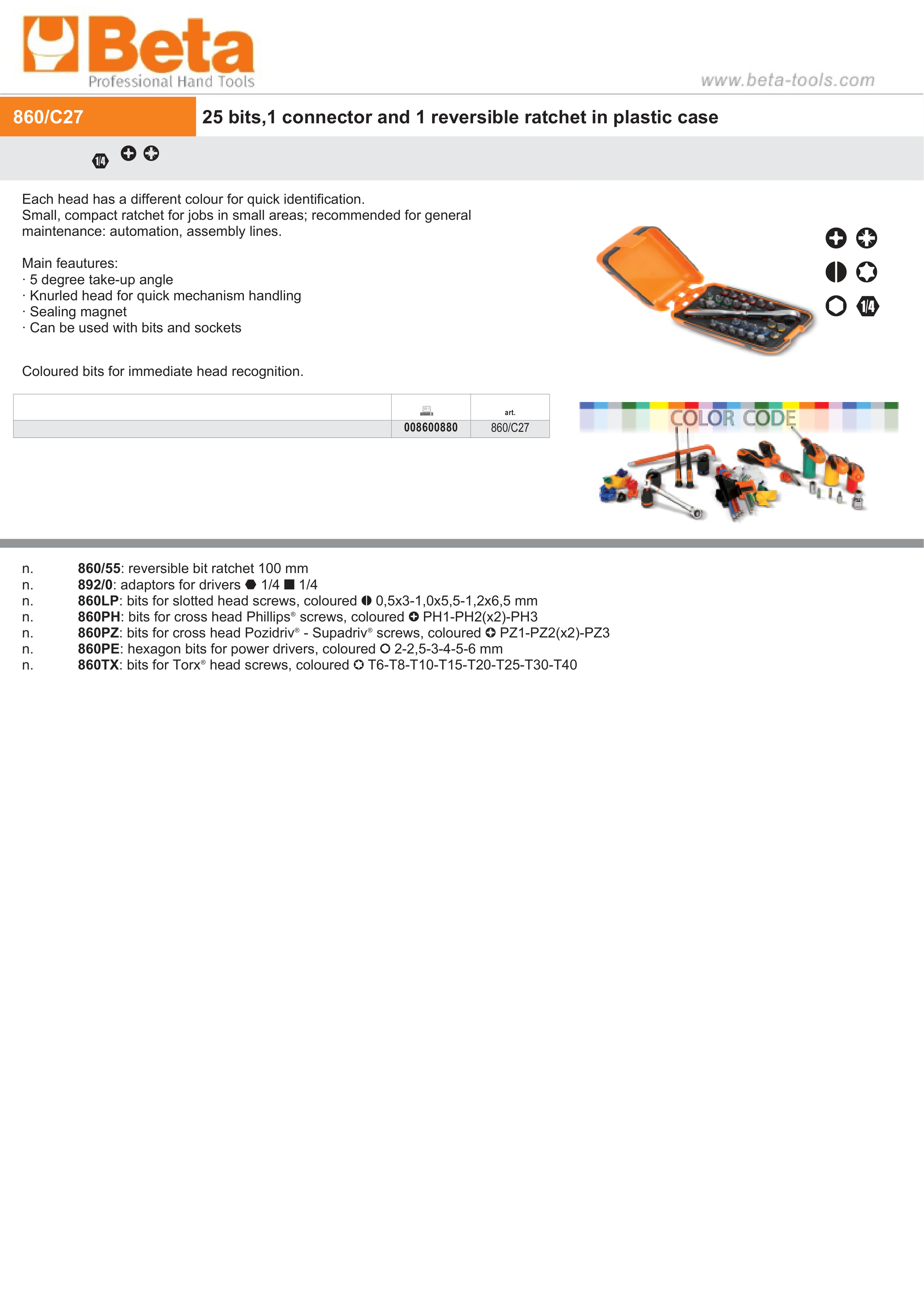 25 Bits, 1 Connector, Reversible Ratchet in Plastic Case - Beta Tools 860/C27 thumbnail 2
