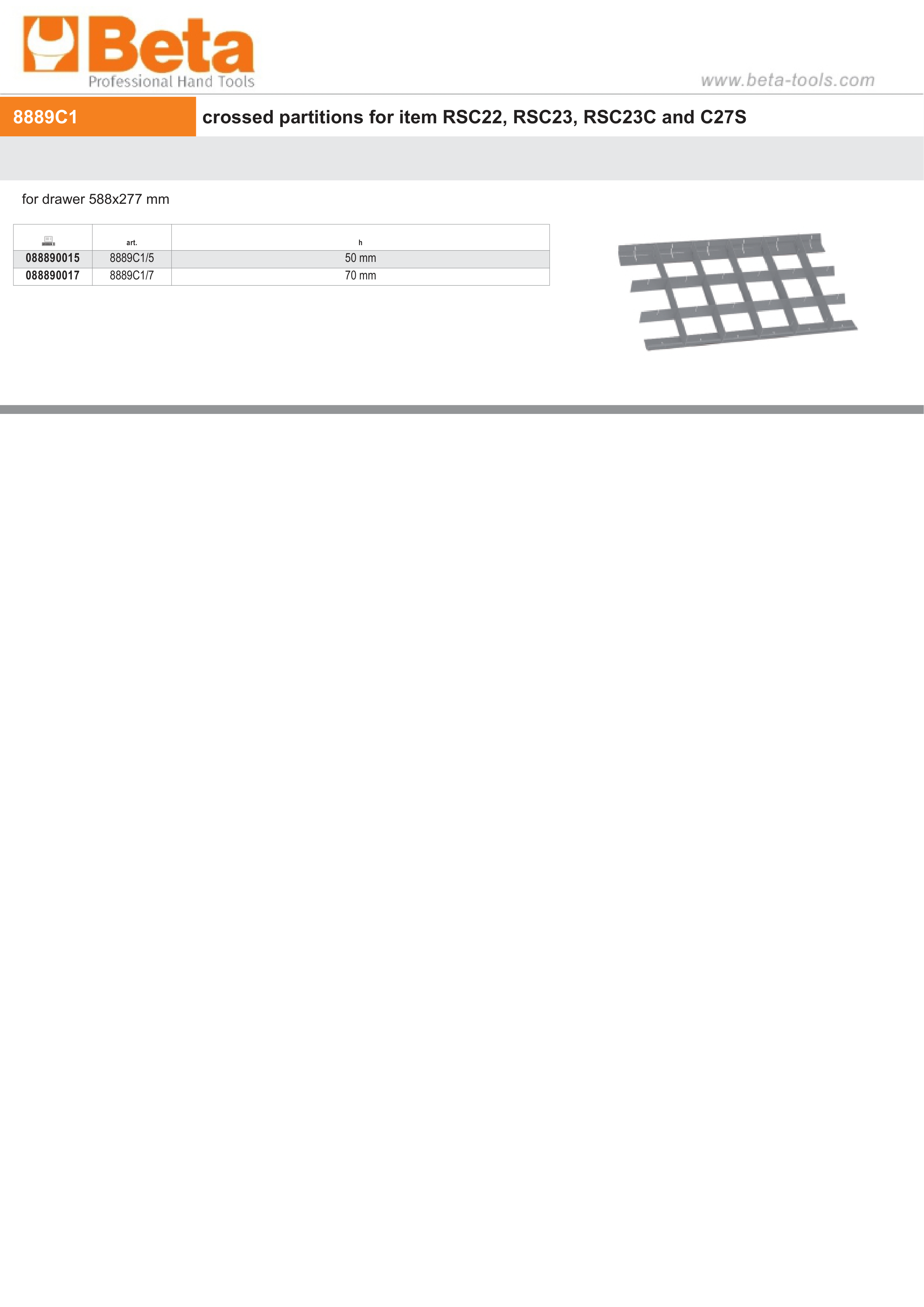 Crossed Partitions for RSC22, RSC23, RSC23C, C27S Drawers 588x277mm 70mm Height - Beta Tools 8889C1/7 thumbnail 2