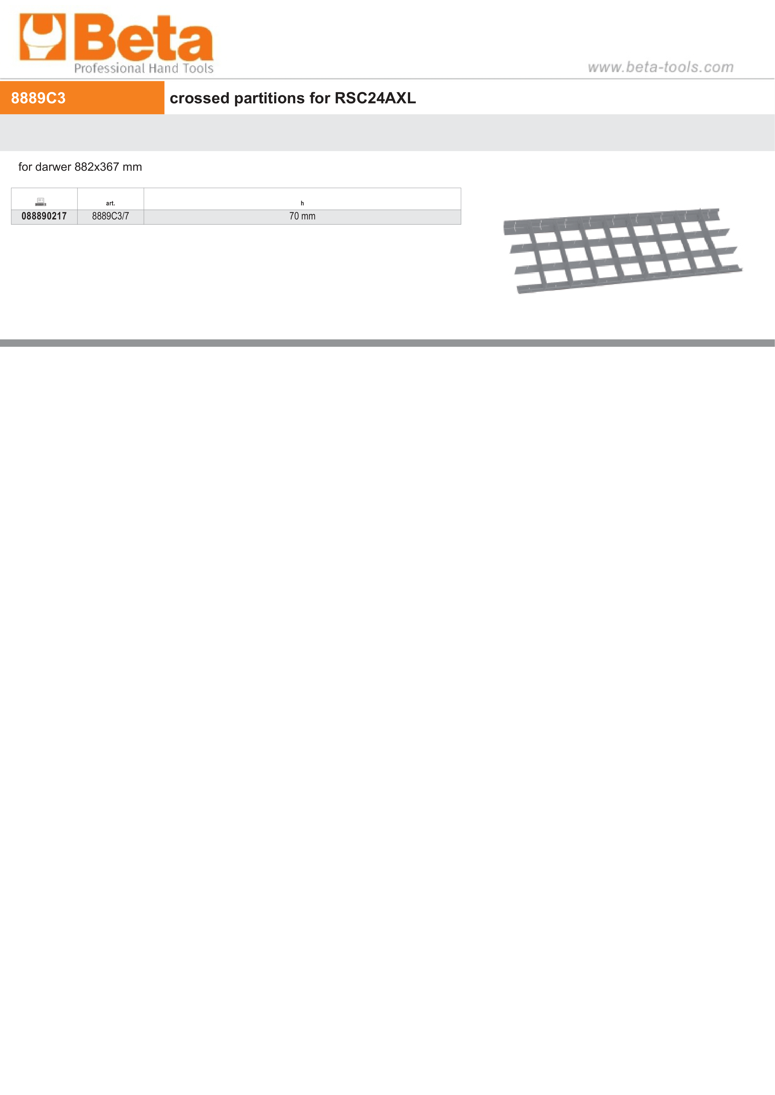 Crossed Partitions for RSC24AXL Drawer 882x367mm 70mm Height - Beta Tools 8889C3/7 thumbnail 2