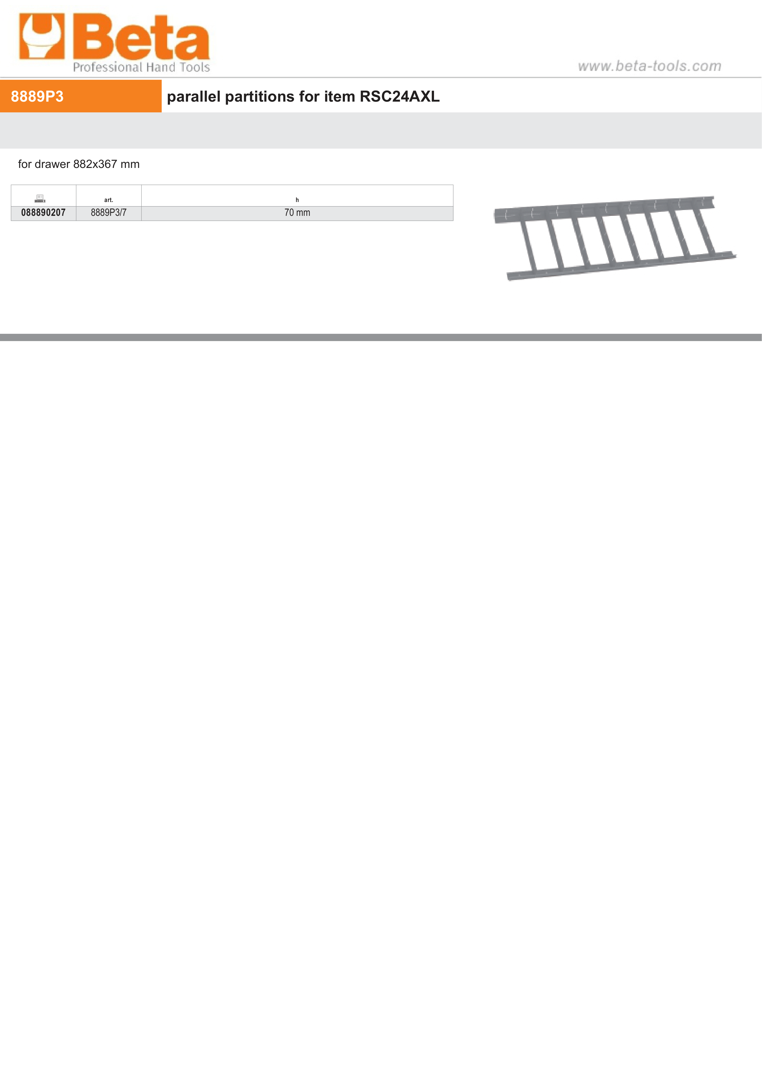 Parallel Partitions for RSC24AXL Drawer 882x367mm 70mm Height - Beta Tools 8889P3/7 thumbnail 2