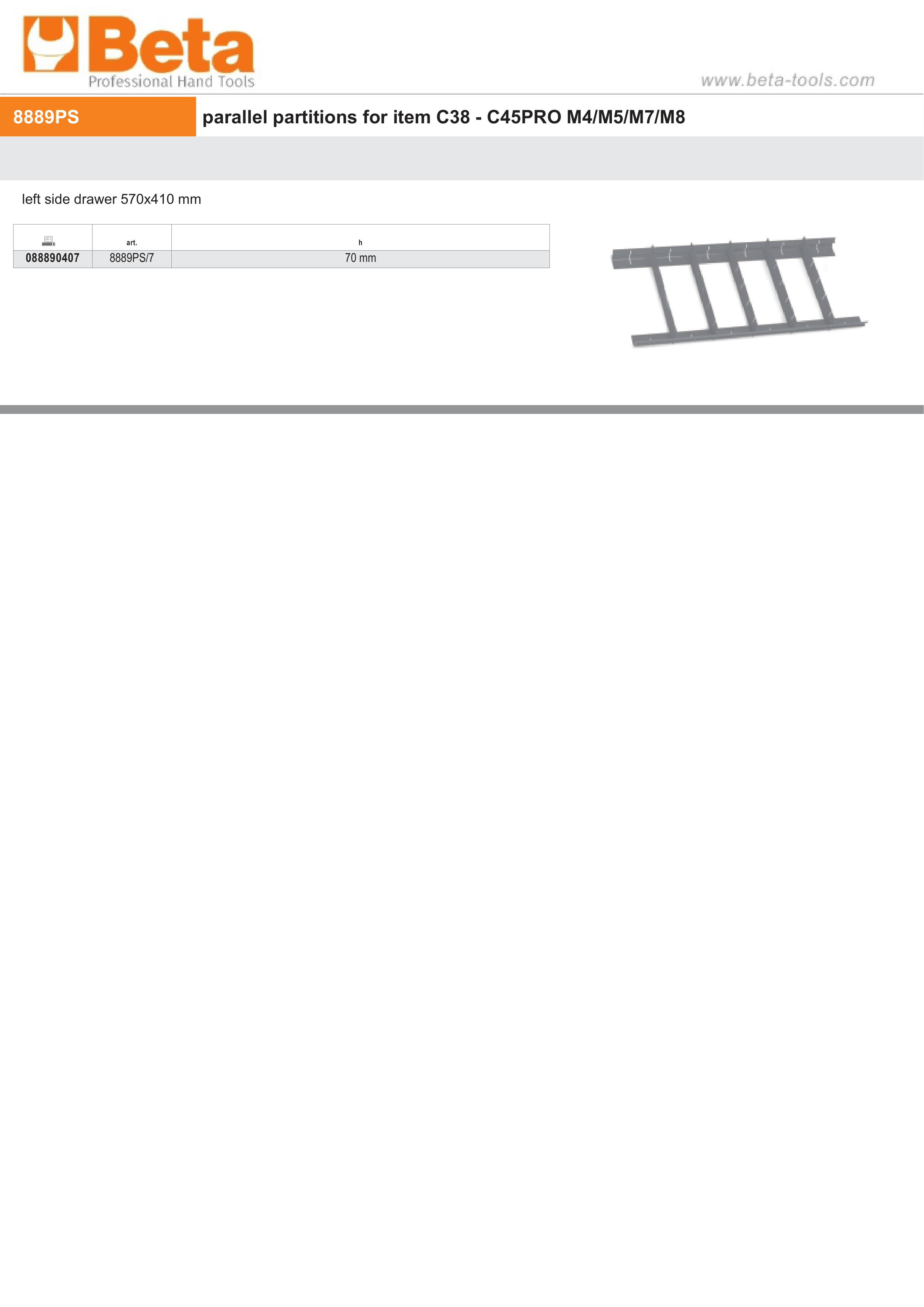 Parallel Partitions for C38, C45PRO M4/M5/M7/M8 Left Side Drawer 570x410mm 70mm Height - Beta Tools 8889PS/7 thumbnail 2