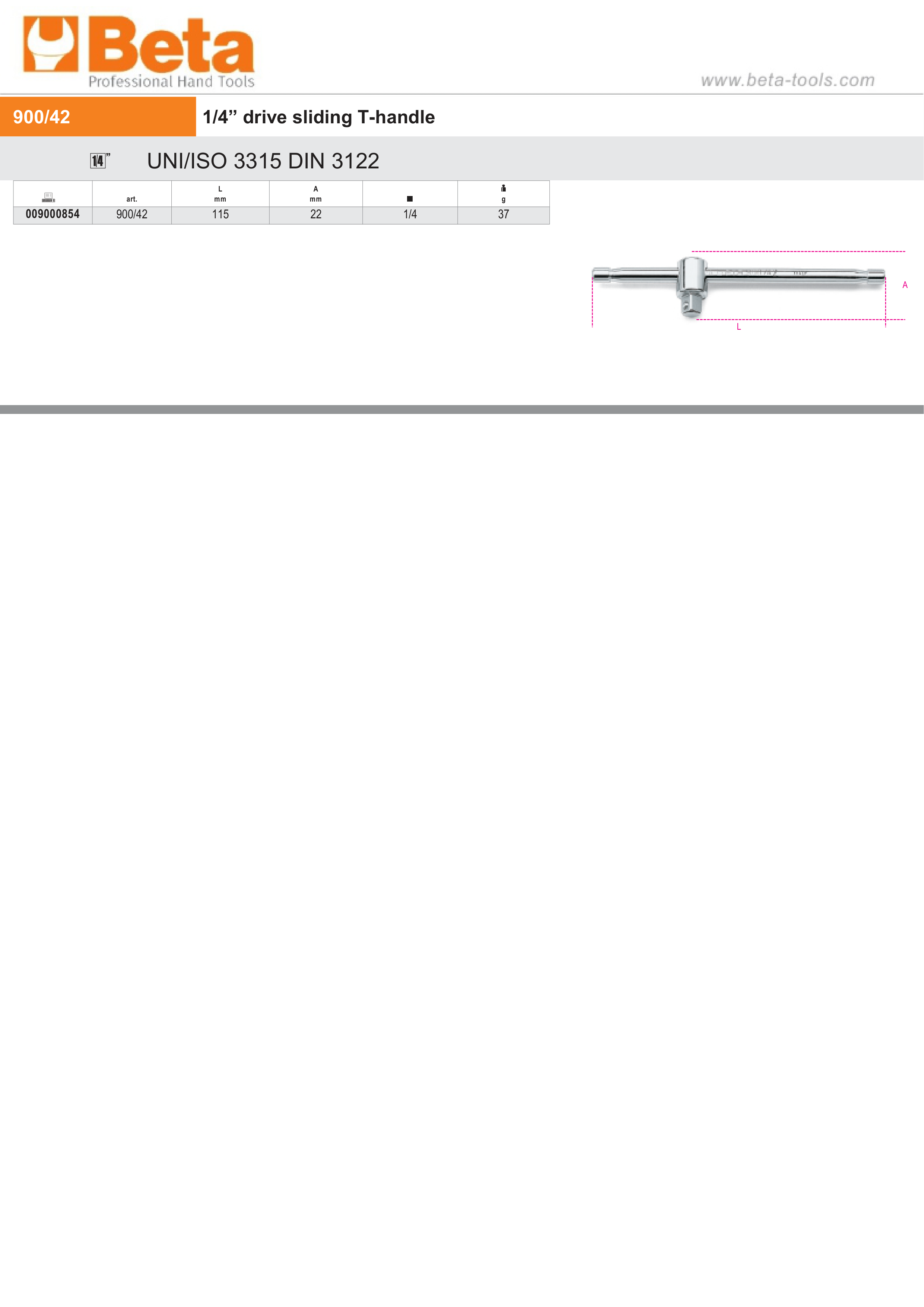 Sliding T-Handle, 1/4 Drive, 115mm Length - Beta Tools 900/42 thumbnail 3