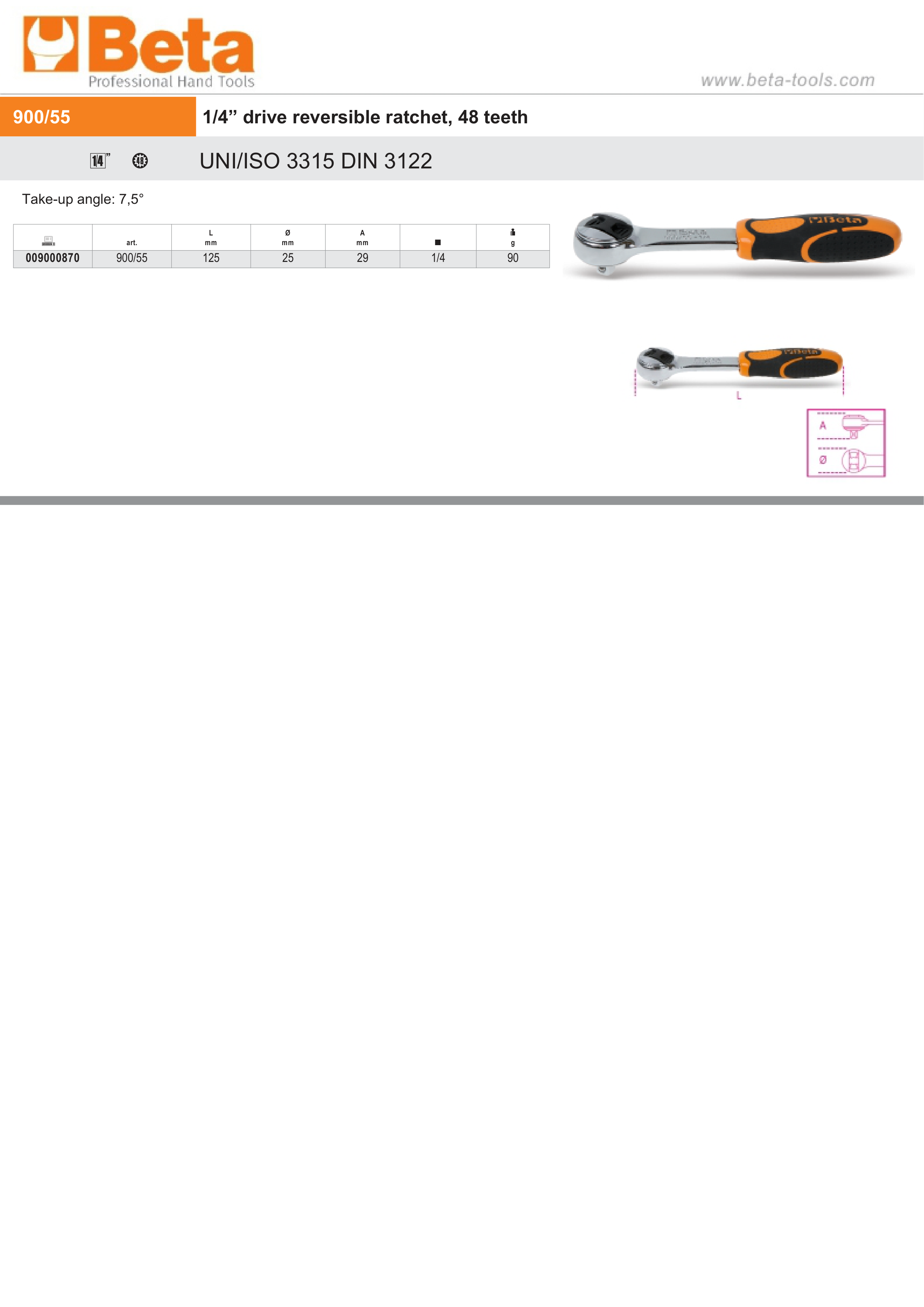 Reversible Ratchet, 1/4 Drive, 48 Teeth, 125mm Length - Beta Tools 900/55 thumbnail 2