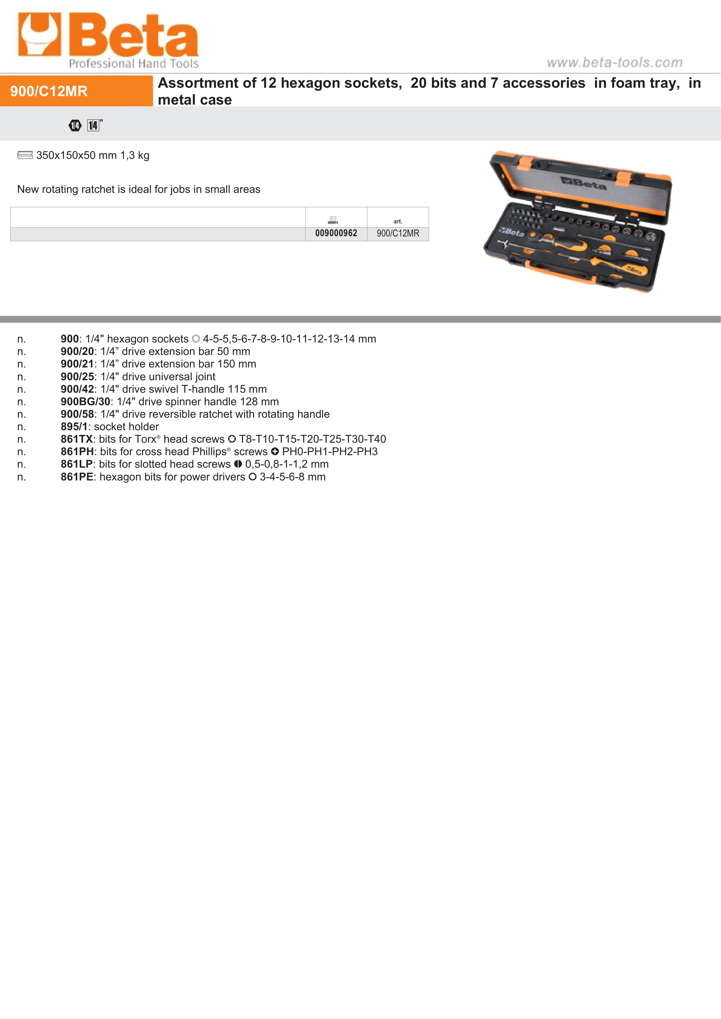 12 Hexagon Sockets, 20 Bits, 7 Accessories in Foam Tray, Metal Case - Beta Tools 900/C12MR thumbnail 2