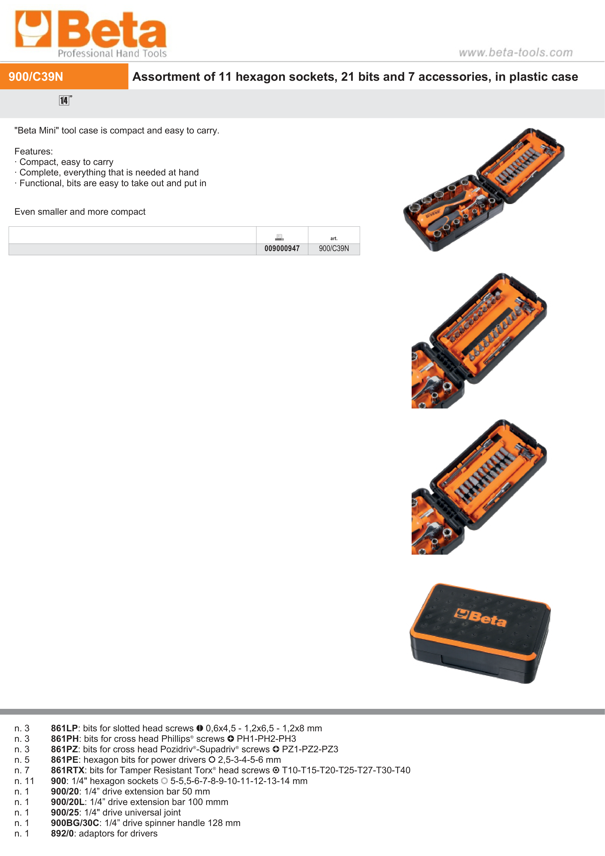 Compact Tool Case with 11 Hexagon Sockets, 21 Bits, 7 Accessories - Beta Tools 900/C39N thumbnail 7