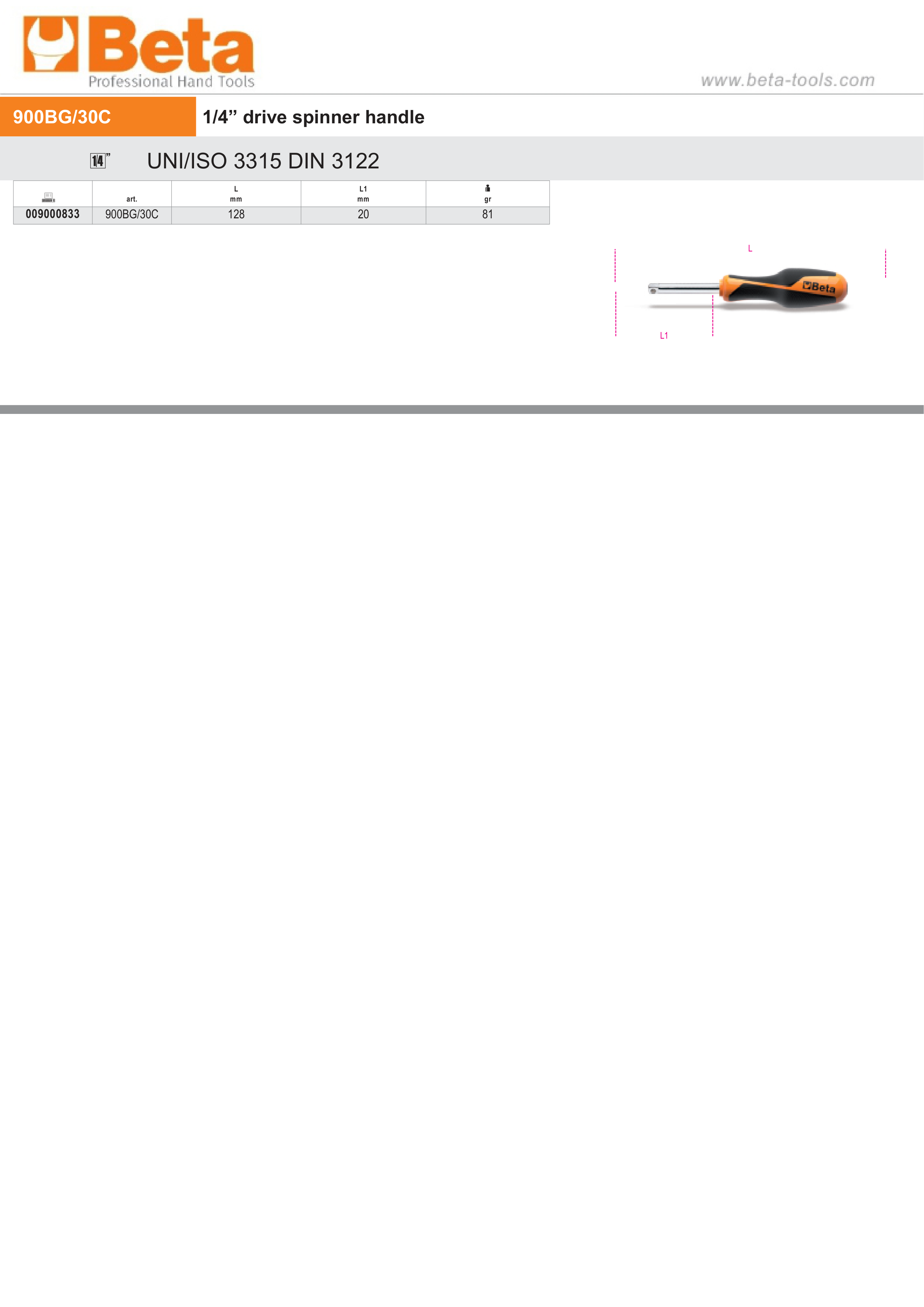 Spinner Handle, 1/4 Drive, 128mm Length - Beta Tools 900BG/30C thumbnail 2