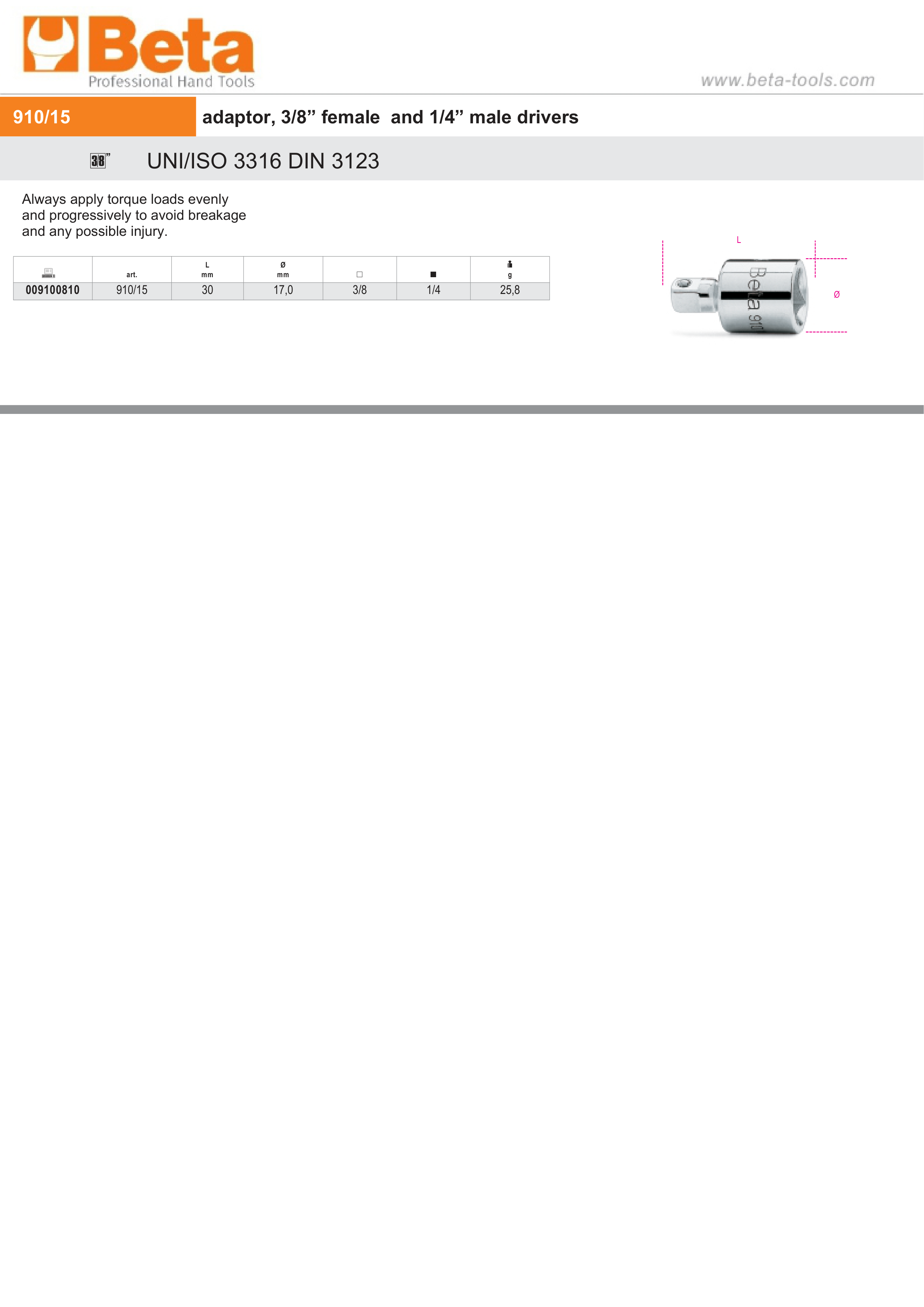 Adaptor 3/8 Female to 1/4 Male Driver 30mm - Beta Tools 910/15 thumbnail 3