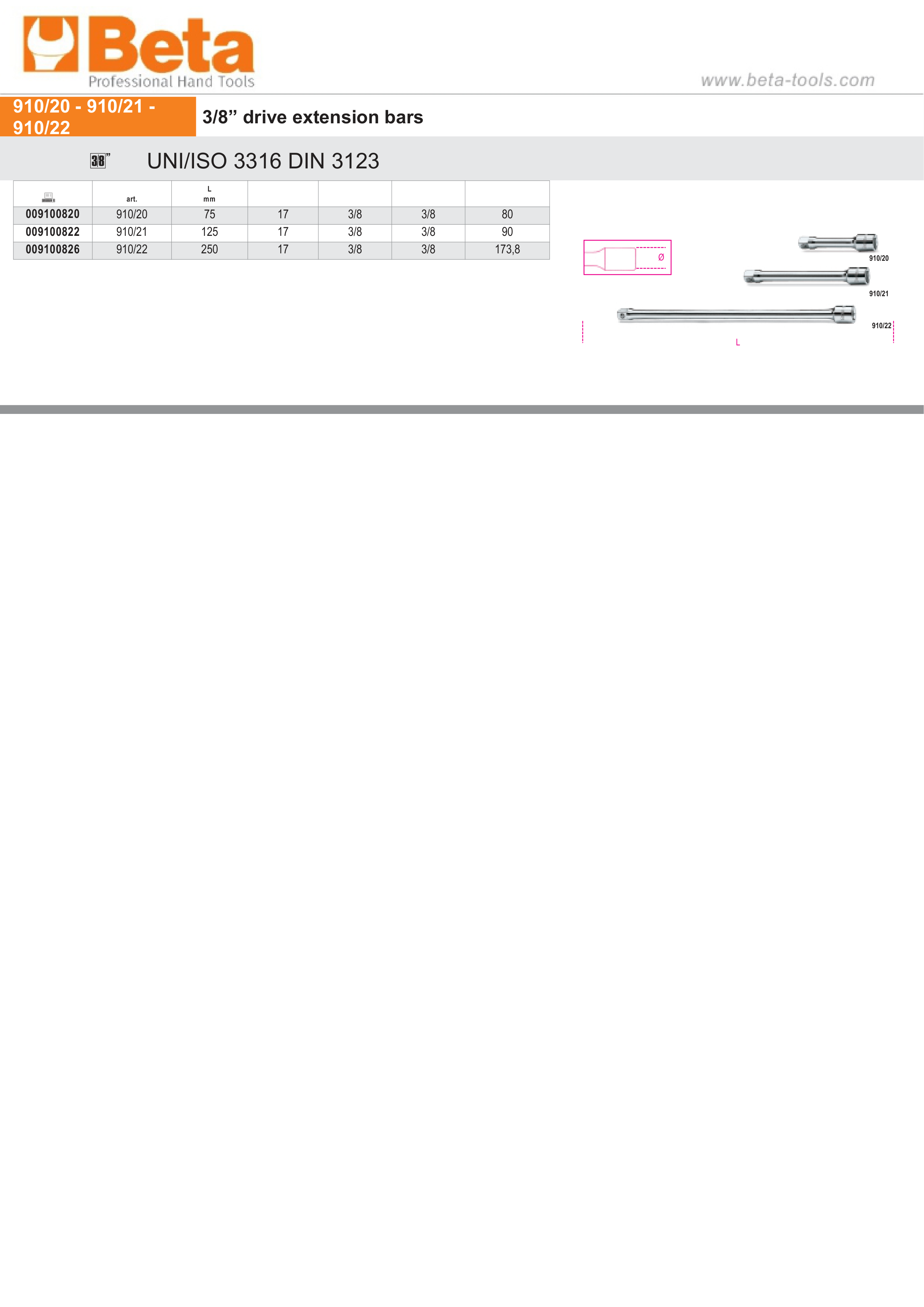 3/8 Drive Extension Bar 250mm - Beta Tools 910/22 thumbnail 3